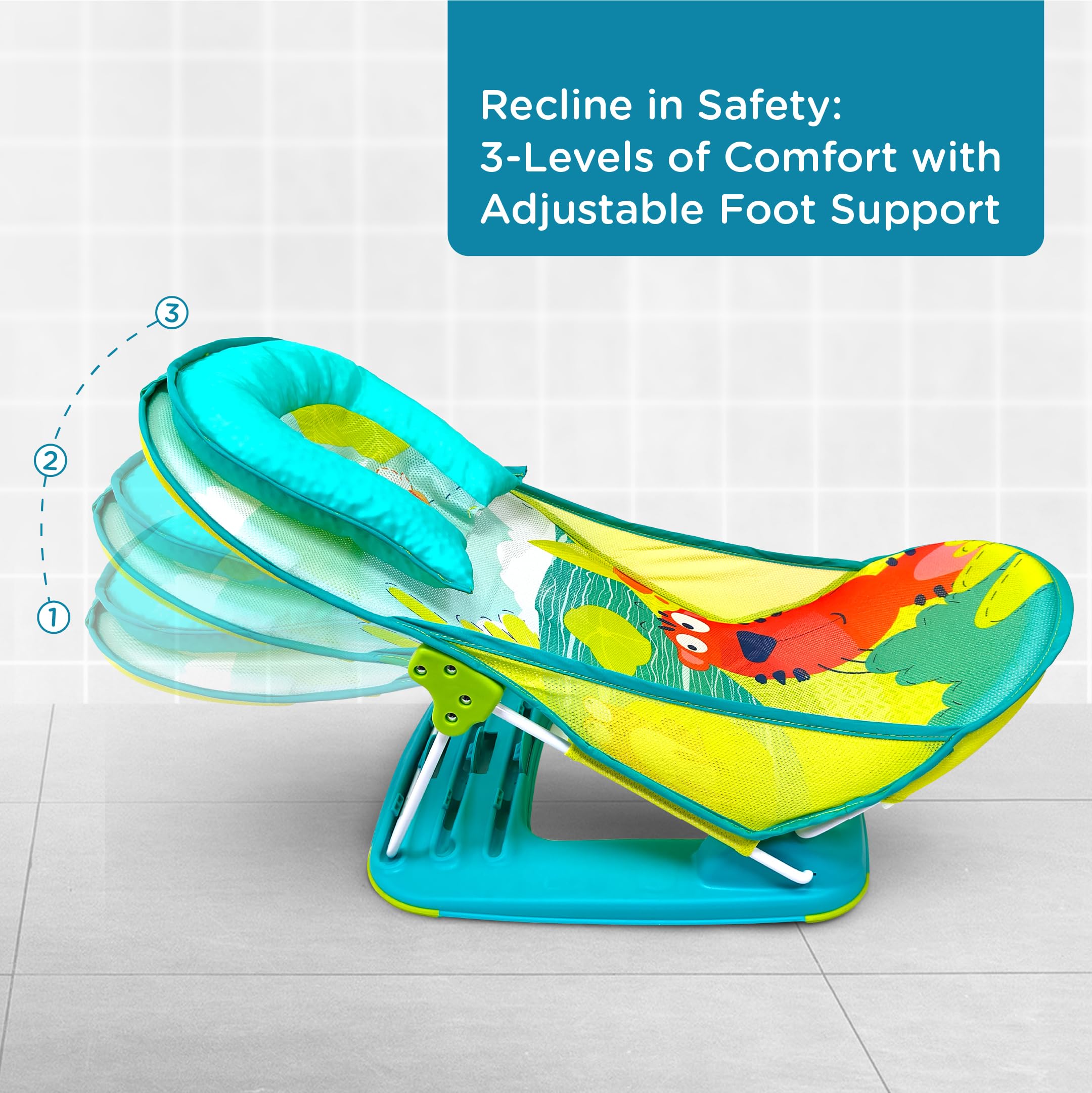 Mastela Newborn Baby Bather | Bath Chair for Newborns and Infants 0-6 Months | Foldable | 3 Position Adjustable Backrest | Anti Skid Base | Washable Soft Mesh Seat for Babies Upto 9Kg (Teal) - Image 3 thumbnail