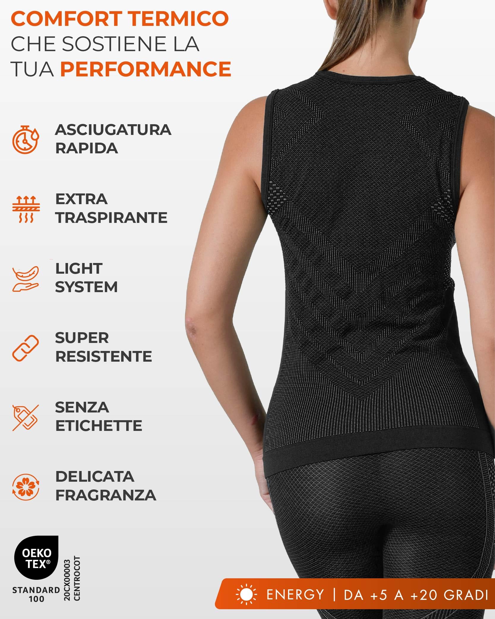 Risalti Maglia Termica Donna Smanicato Energy - Maglia Tecnica Donna Traspirante, Canotta Compressione, Intimo Termico Senza Etichette per Sci, Trekking, Running, Ciclismo - Made in Italy