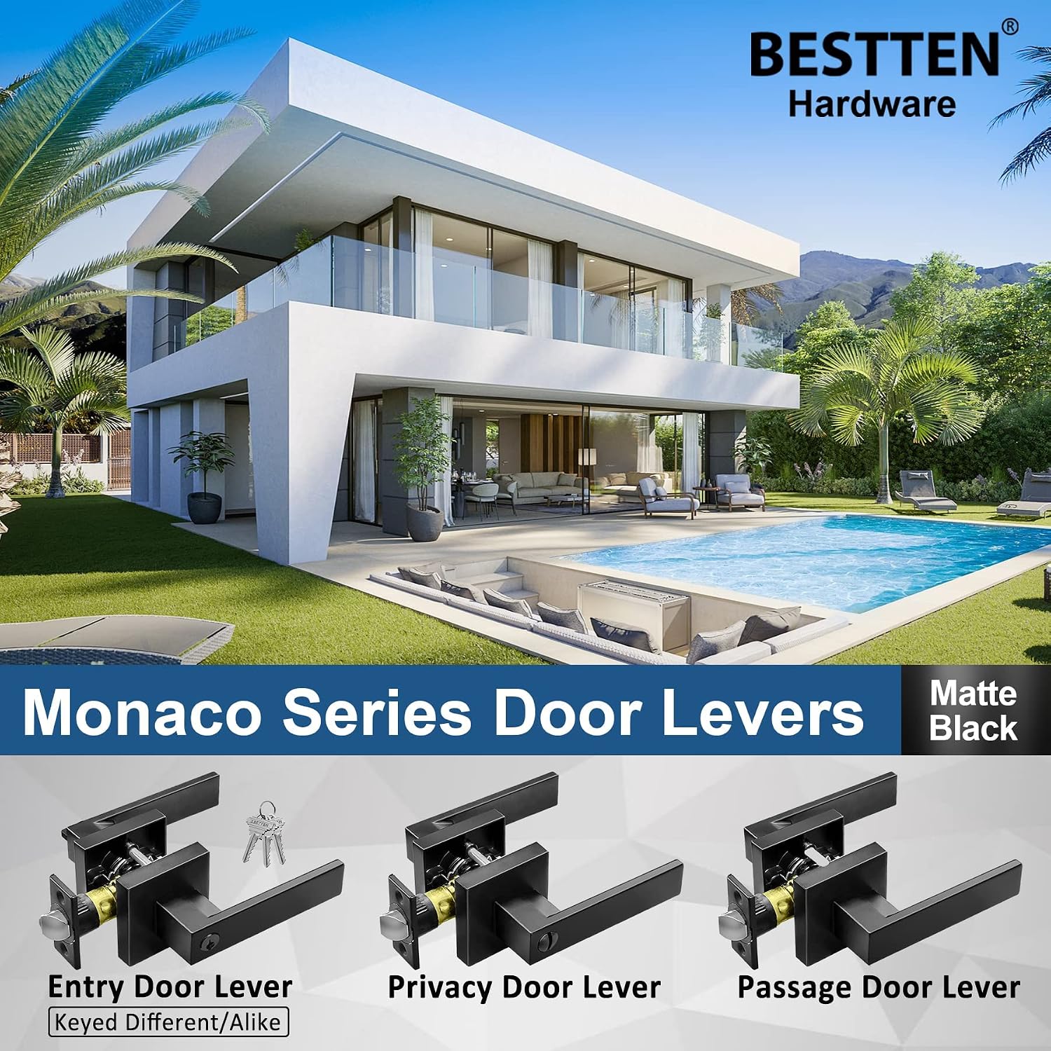 BESTTEN [10 Pack] Monaco Matte Black Square Entry Door Lever with Key, All Metal Heavy Duty Entrance Door Handle with Removable Latch Plate, for Commercial and Residential Use