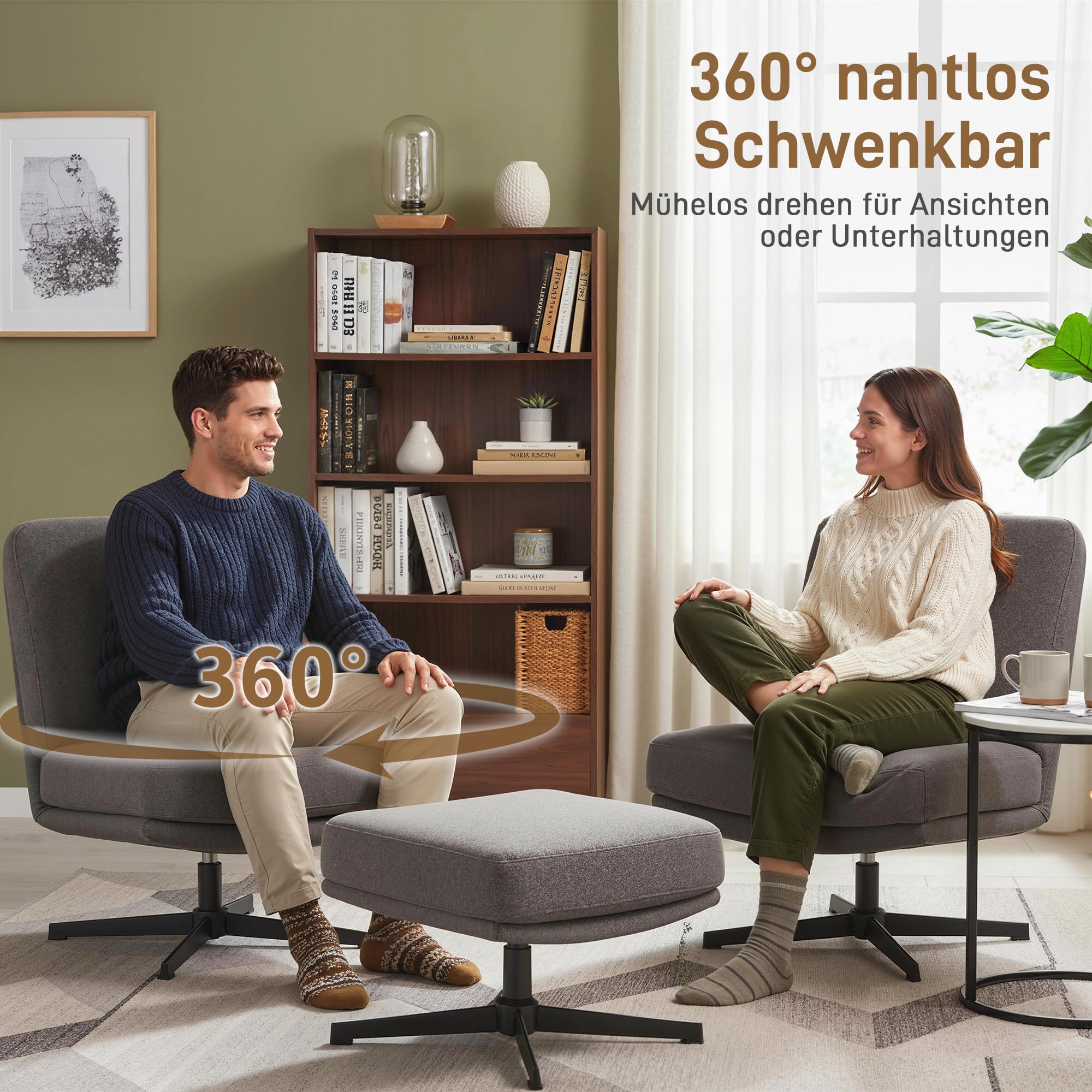 HOMCOM Sessel mit Hocker Drehbar Loungesessel mit Leinenoptik Dunkelgrau | Dicker Breiter Sitz, Moderner Relaxsessel, Schneidersitz Polstersessel, Für Wohnzimmer, Schlafzimmer