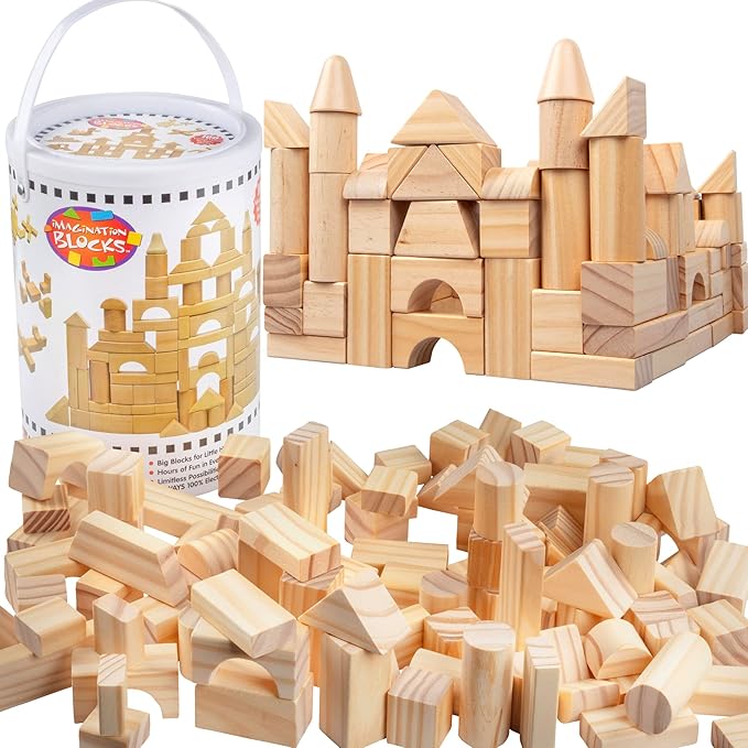 Wooden Blocks 100 Pc Wood Building Block Set with Carrying Bag and