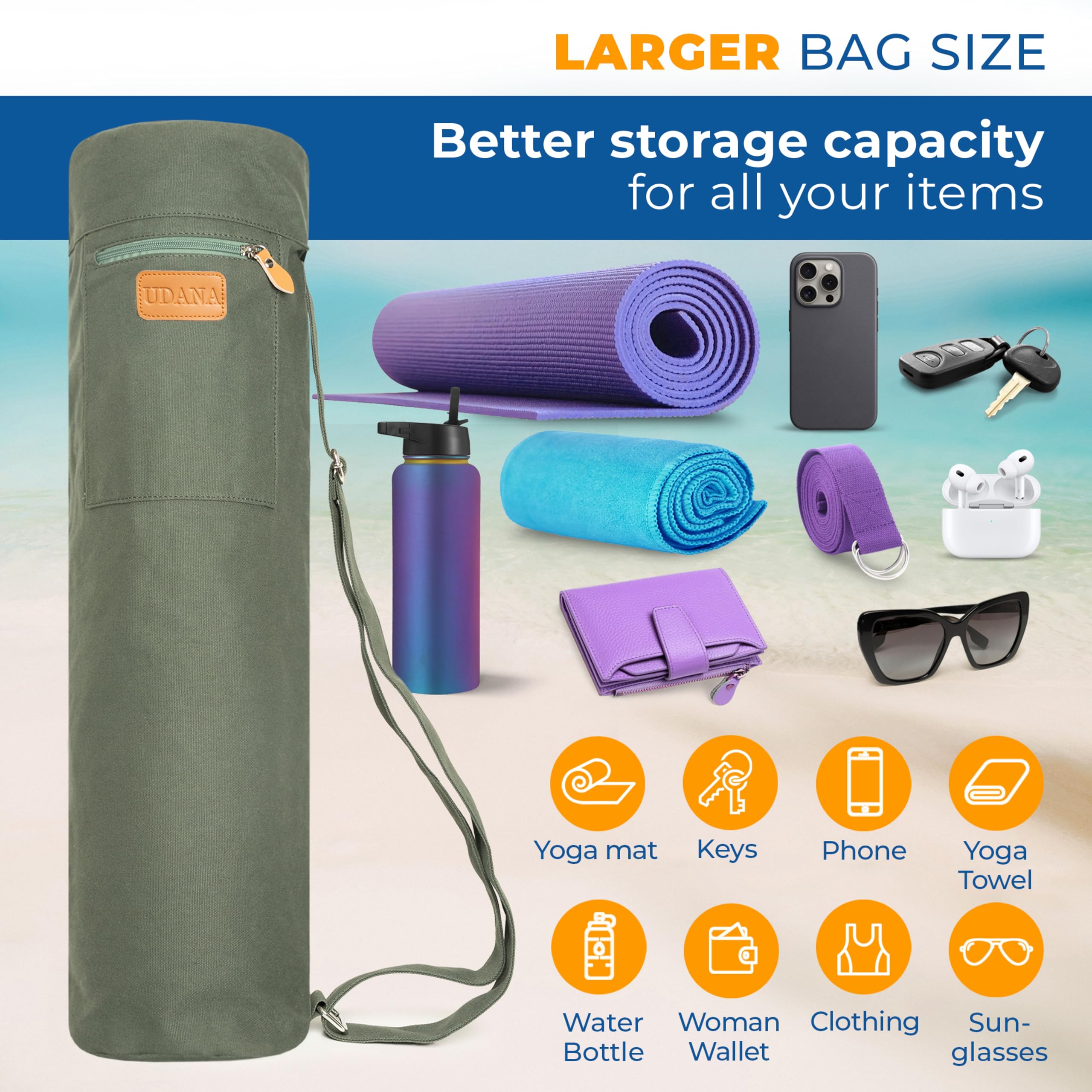 UDANA Yoga Mat Bag, Large, Green – Fits Thick Mats, 3 Storage Pockets, Adjustable Strap