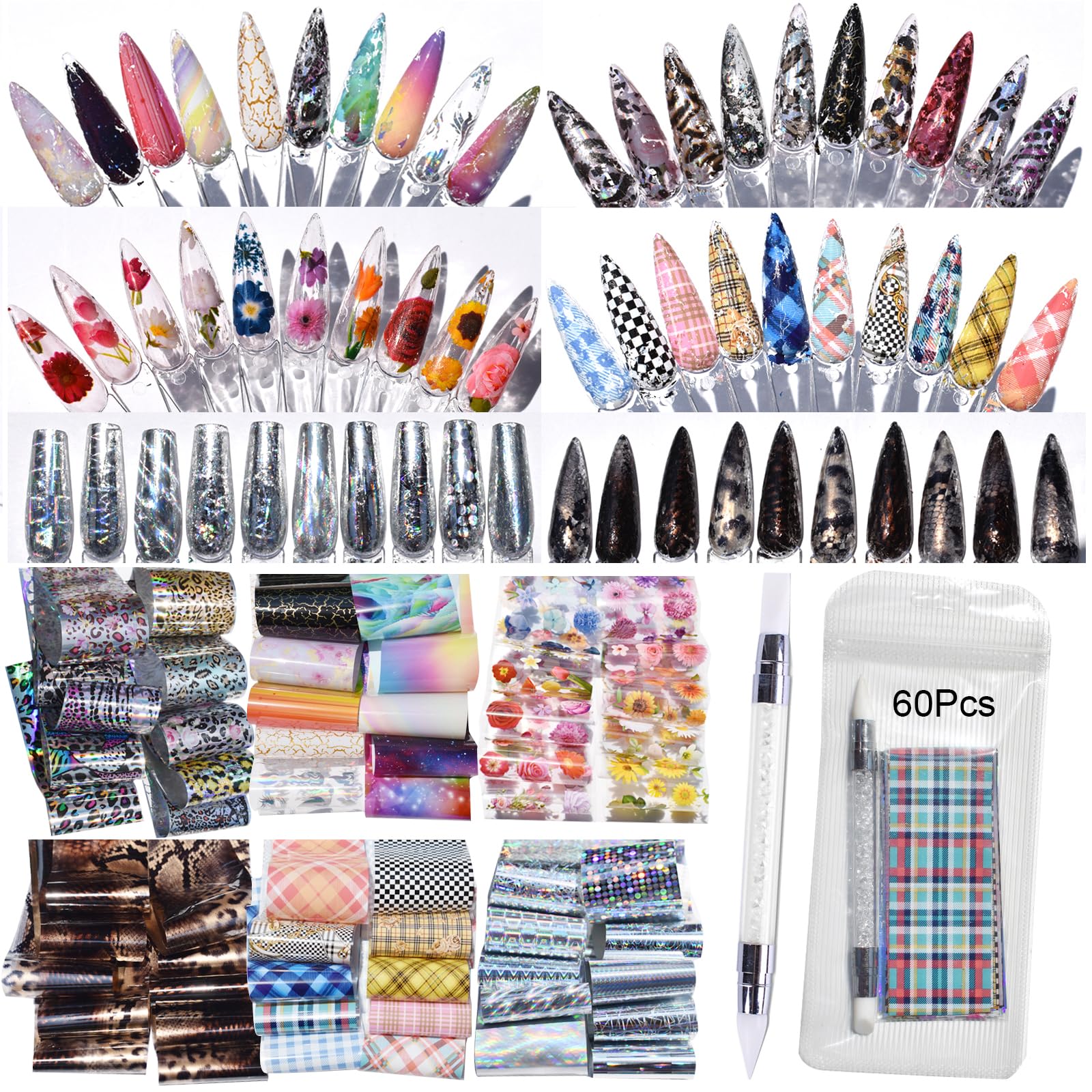 Stickers, 60 piezas plantillas de uñas y lámina de transferencia para uñas, plantillas de estampado con diseños variados Nail Art Pen