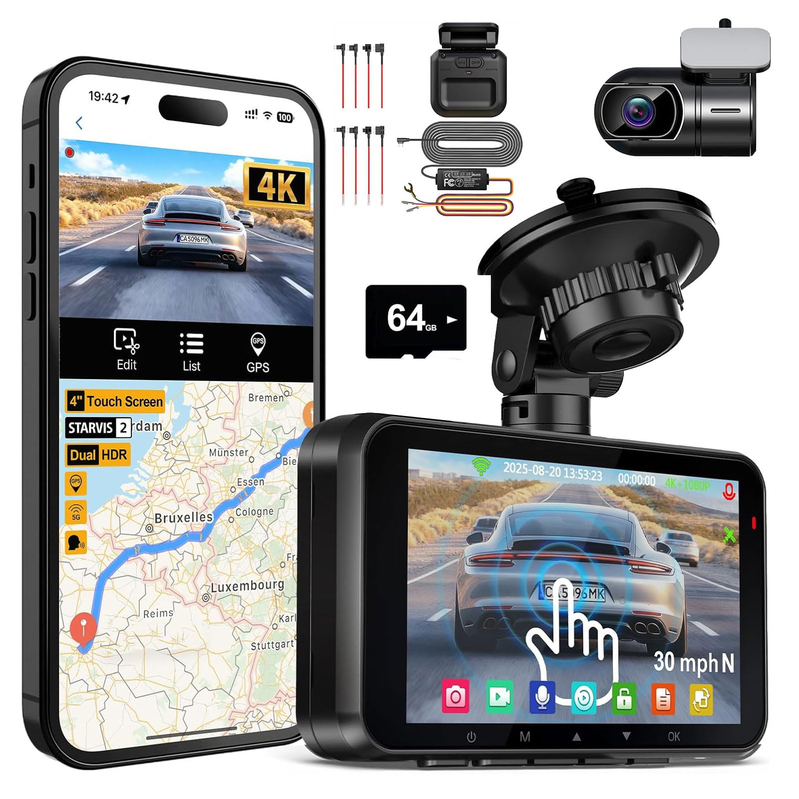 HUPEJOS 4K Dashcam Auto Vorne Hinten mit Type-C Hardwire Kit mit Radar-Erkennung 360°