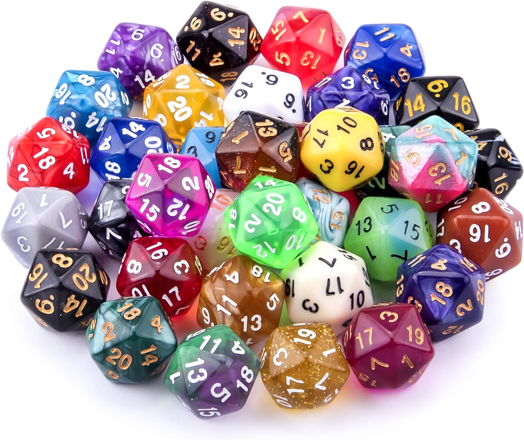 AUSTOR Polyhedral Dice 35 Pieces 20 Sided Game Dice Set Mixed Color 20 Sided Dice Assortment with Black Velvet Storage Bag for DND RPG MTG Table Games