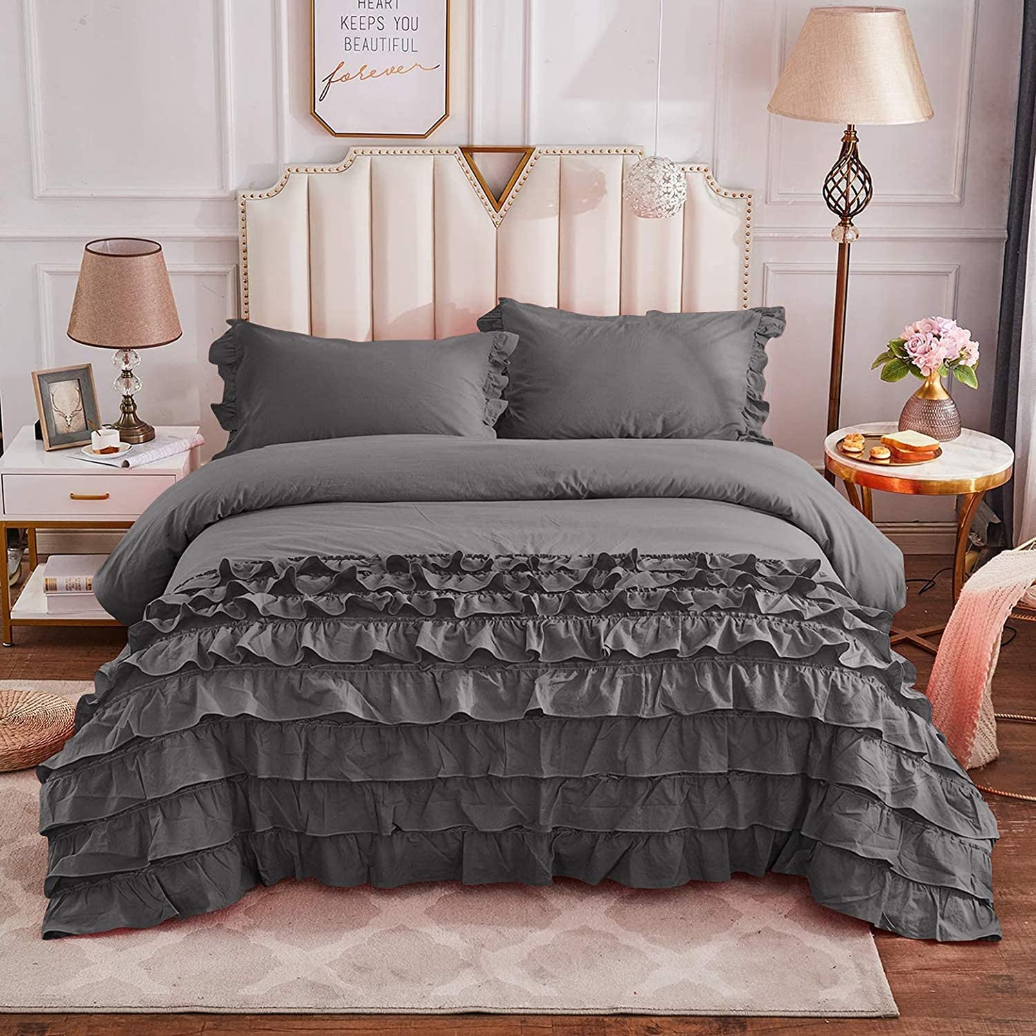 Linen Sheets 400 TC Half-Ruffle Duvet/Rajai/Quilt Cover 5 PC Set- 100% Cotton 1 Blanket Cover with 4 Pillow Cover- Zippered Rajai Cover Breathable & Luxurious Design- King Size Dark Grey Solid-image-39