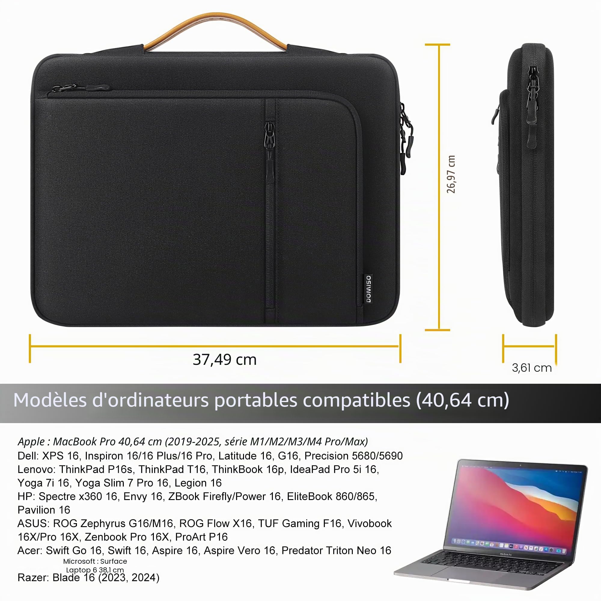 DOMISO Sacoche Porte-Ordinateur 14 à 16 Pouces - Imperméable et Résistante, Compatible avec de Nombreux Modèles d'Ordinateurs