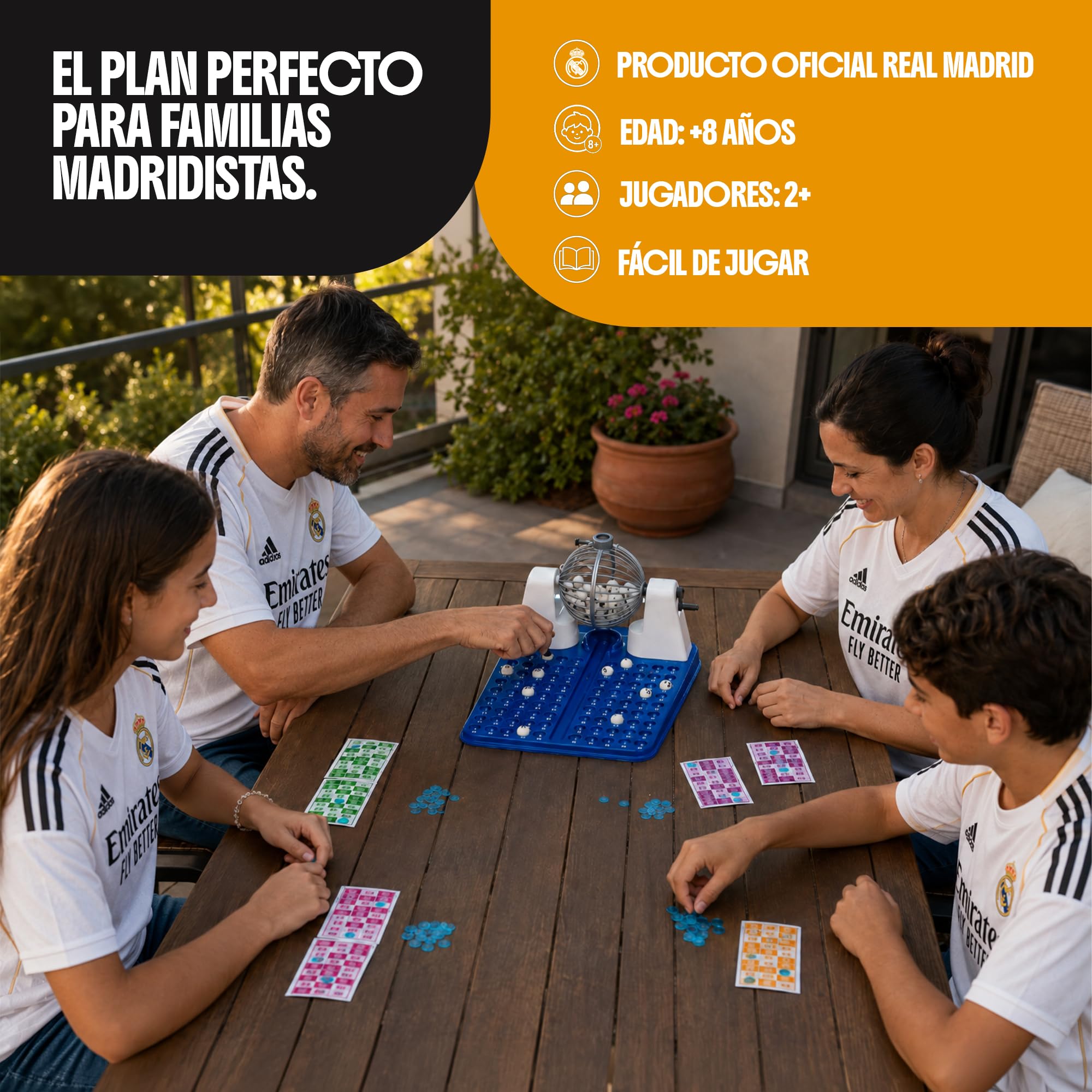 Falomir - Bingo XXL Premium Real Madrid – Juego de Bingo Familiar con Bombo Automático | Producto Oficial Real Madrid | 90 Bolas Imborrables y 72 Cartones Reutilizables | +8 Años | Regalo Real Madrid
