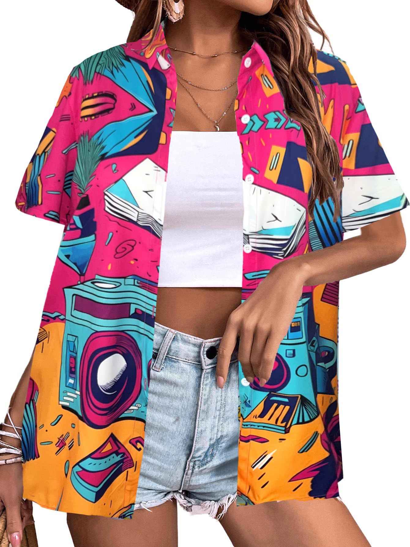 80s 90s Outfits for Women Retro Theme Party Button Up T-Shirt Neon Short Sleeve Blouse Tops