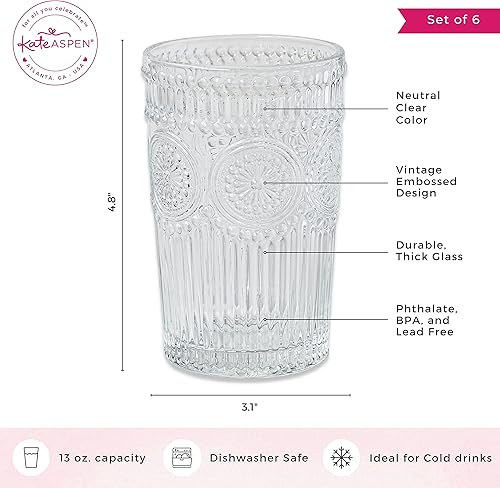 Miniatura 7 de Juego de 6 vasos de vidrio acanalado acanalado de 13 onzas con diseño de flores juego de 6 vasos de agua con textura vintage
