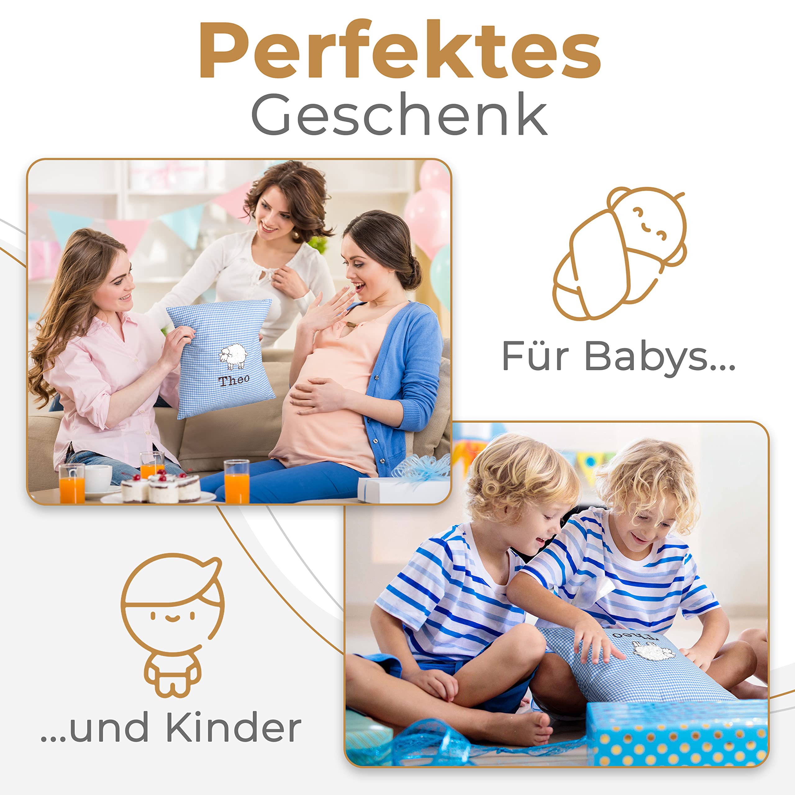 FADENZAUBER Babykissen personalisierbar mit Namen 40x40 cm für Jungs/Mädels | inkl. Glückwunschkarte, Handmade aus Deutschland