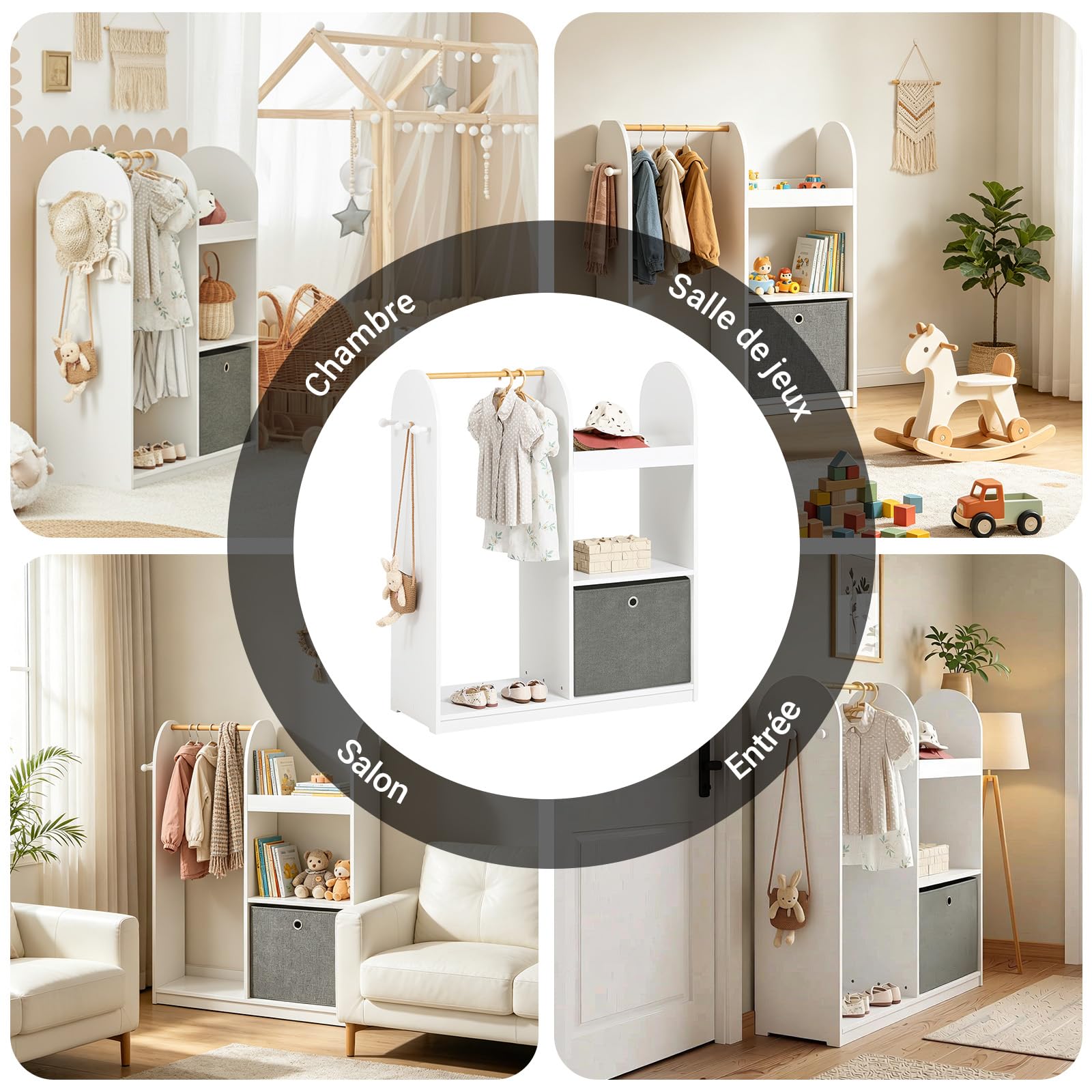 SoBuy Armoire Enfant Penderie Enfant avec Portant Vêtements Garde-Robe avec 3 Étagères Panier en Tissu et 3 Crochets Petite Armoire Etagere Blanc 97x35x108 cm KMB40-W