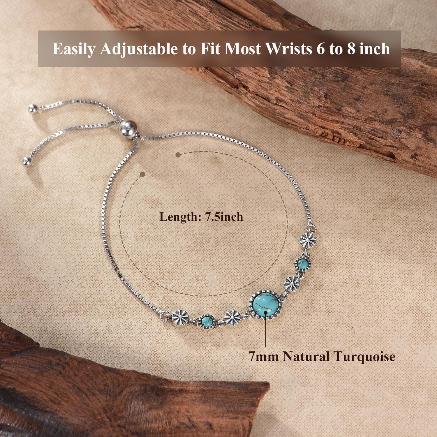 Genuine Turquoise Tennis Bracelet for Women 925 Sterling Silver 7MM Natural Turquoise Adjustable Boho Native American Bracelets 6 to 8 Inch