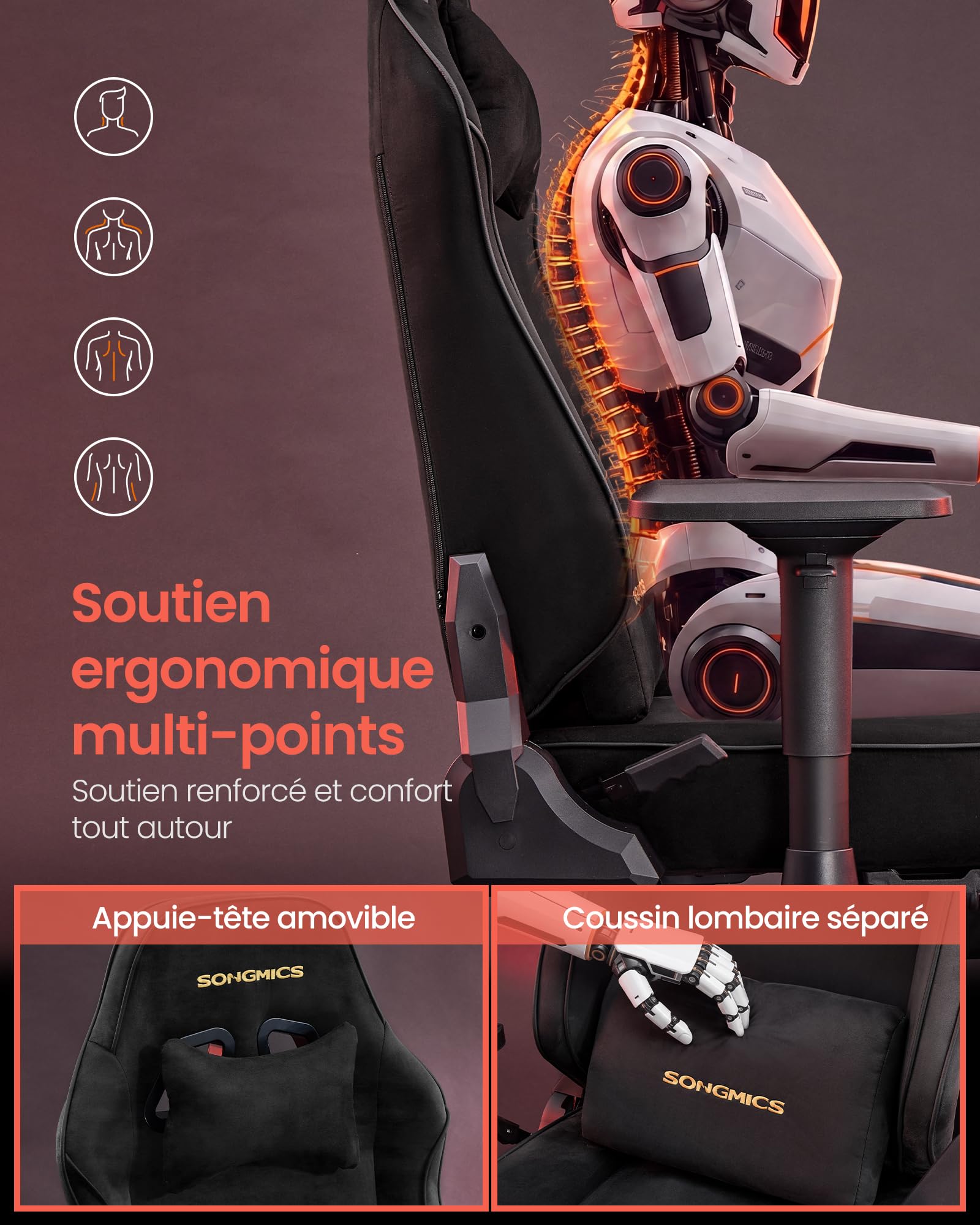 SONGMICS Chaise Gamer, Fauteuil Ergonomique, Capacité 200 kg OBG095BH01