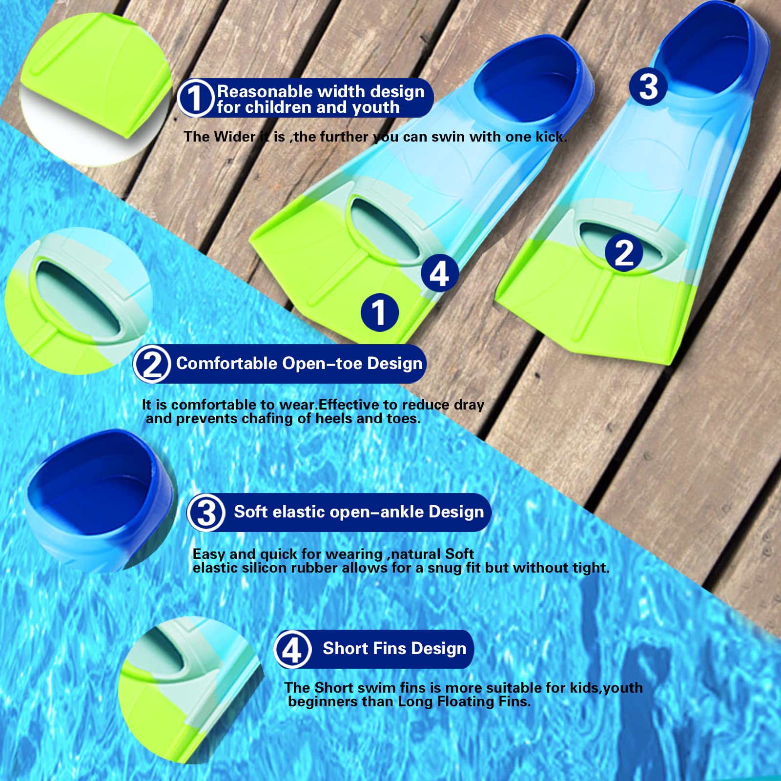 Aletas de natación para niños, aletas cortas para jóvenes, aletas de natación, aletas de entrenamiento de natación para natación, para niños, niñas, niños principiantes