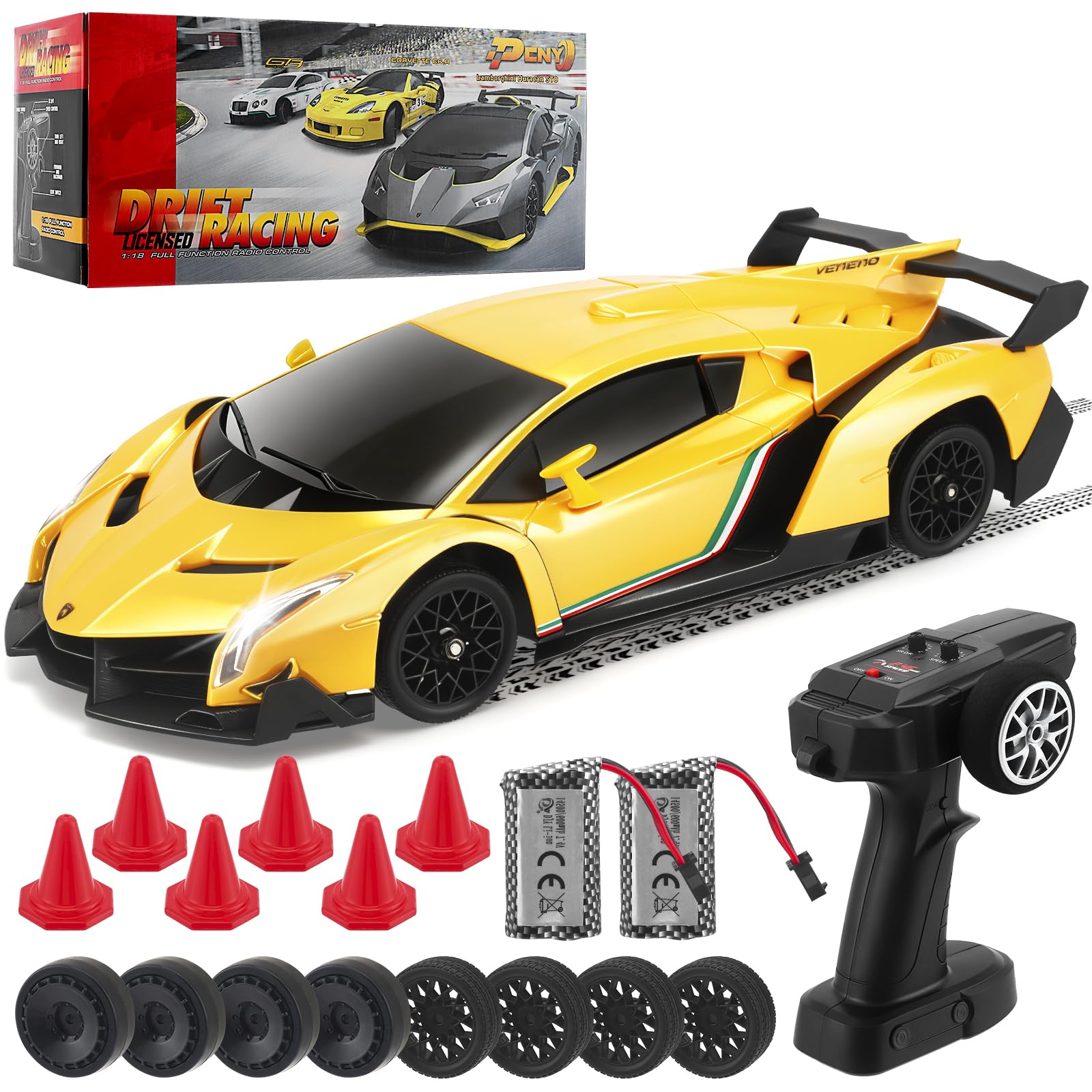 Lamborghini RC Car, 2.4 GHz Remote Controlled Car, 1:18 4WD RC Drift Car with LED Lights, 35 km/h Mini Drift Car Remote Controlled for Boys from 6 7 8 9 10 11 12+ Years (Yellow)