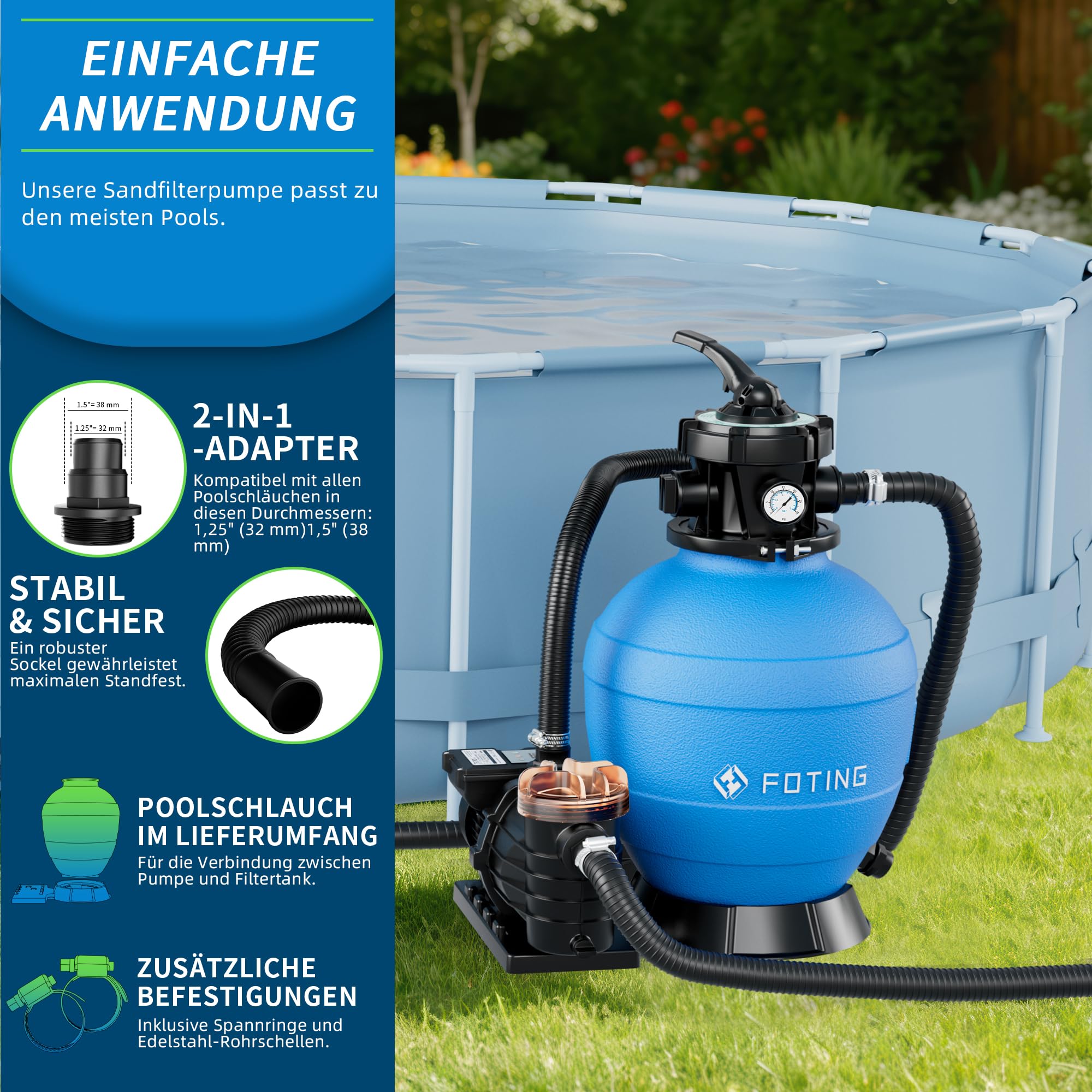 FOTING Depuradora de Arena con Temporizador 24 h – 14.000 L/h, Filtro de Piscina con Bomba, Válvula de 7 Vías con Manómetro, Adaptador Ø32-38 mm, 200 g de Bolas Filtrantes Incluidas
