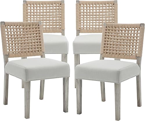 Miniatura 15 de chairus Juego de 4 sillas de comedor tapizadas, sillas de comedor de granja, sillas de cocina beige con respaldo de cuerda de tejido bajo, sillas