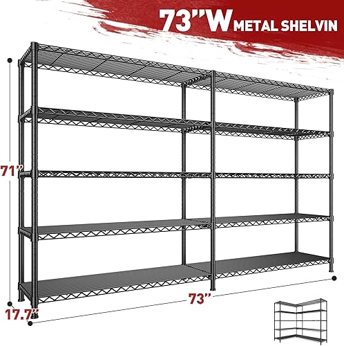 Miniatura 3 de REIBII 73''W Shelf 1650 LBS Storage Shelves 5-Tier Metal Shelving Wire Shelving Unit, Adjustable Heavy Duty Metal Shelves Wire Shelf for Pantry