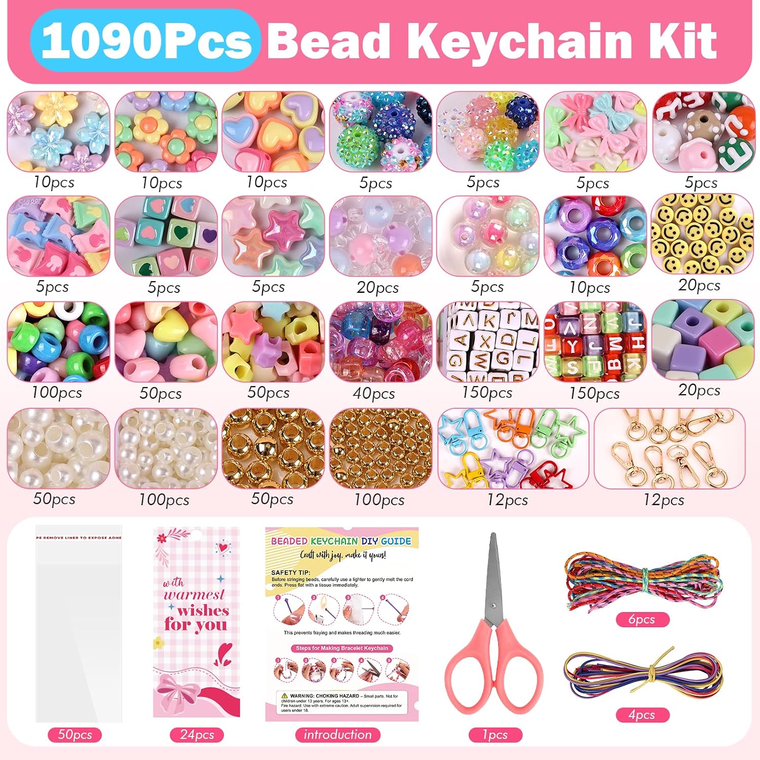 NEOACT 1090PCS DIY Beaded Keychain Making Kit, Colorful Bag Charm Kit