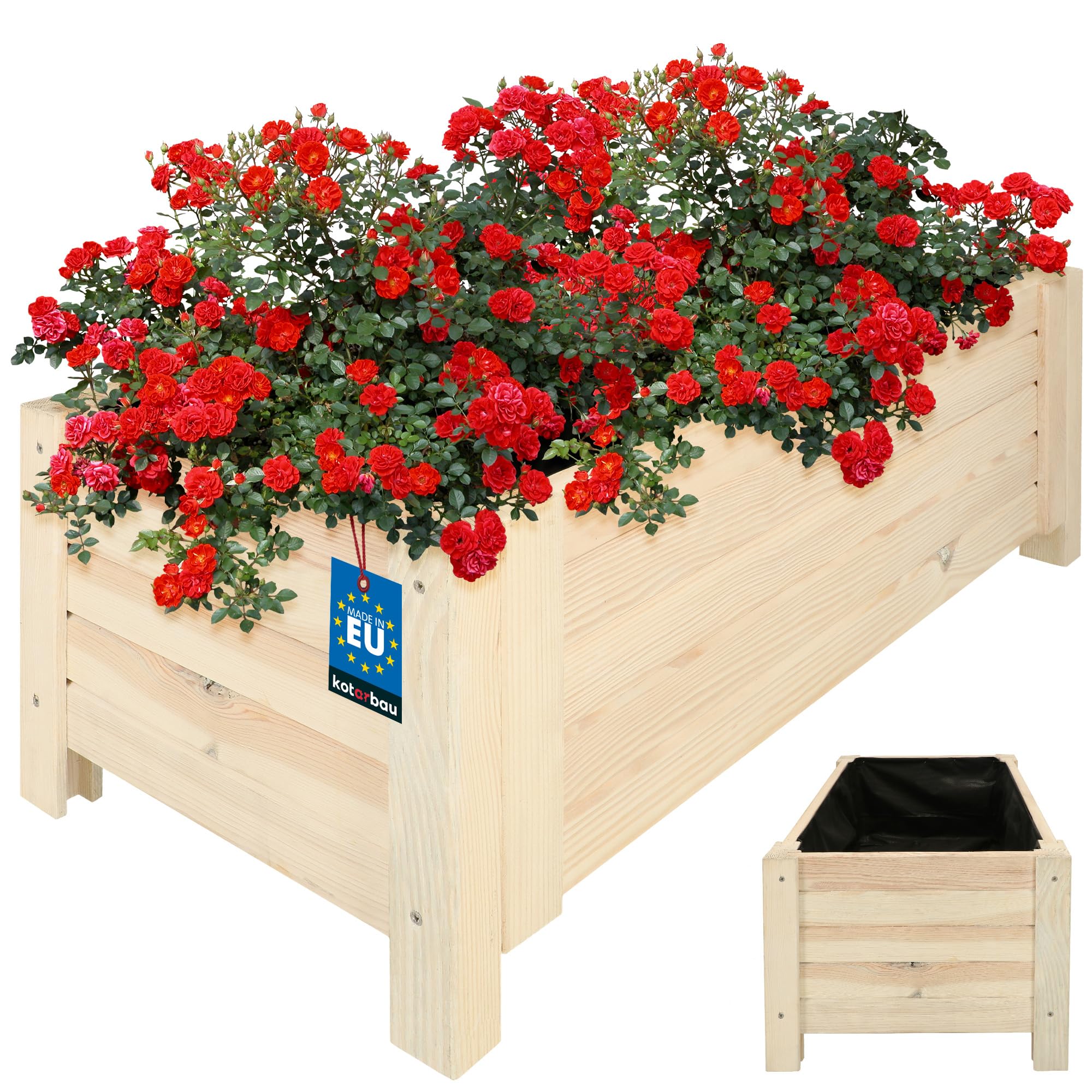 KOTARBAU® Jardineras Exterior - Macetas Exterior - Madera de Pino - 79 x 39 x 30 cm - Rústico - Macetero Rectangular - Grande - Macetero con Patas - con Velo Antimaleza - Decorativo
