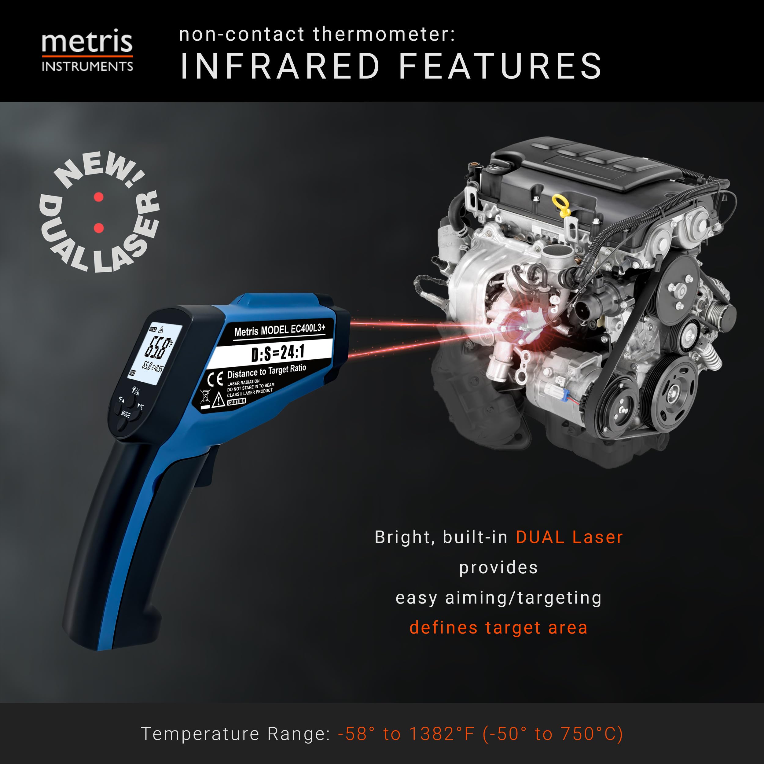 Pistola de termómetro infrarrojo digital para HVAC, industrial, automotriz, MRO; -58 a 750.0 °C (-50 a 750 °C) relación D: S 24:1 (en aproximadamente 24 pulgadas - área de prueba de