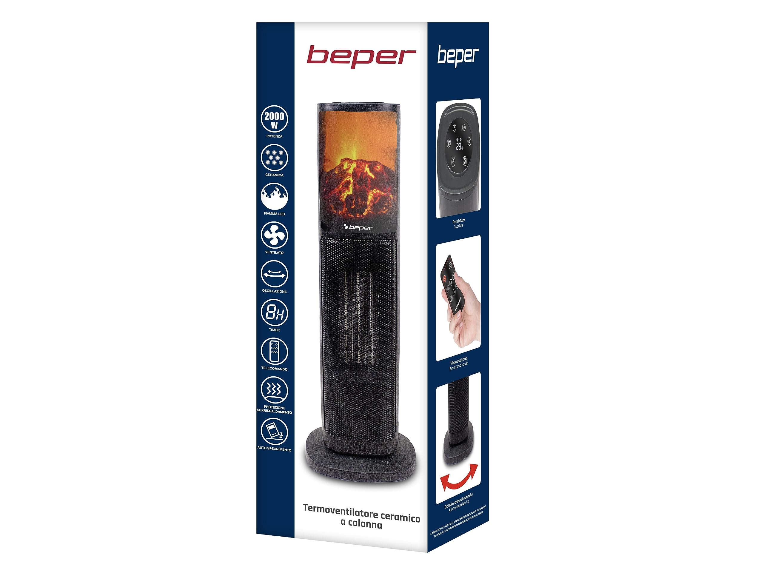BEPER P203TER010 Termoventilatore ceramico a colonna, 2000w, Pannello di controllo touch, Fiamma LED, Telecomando incluso, Nero