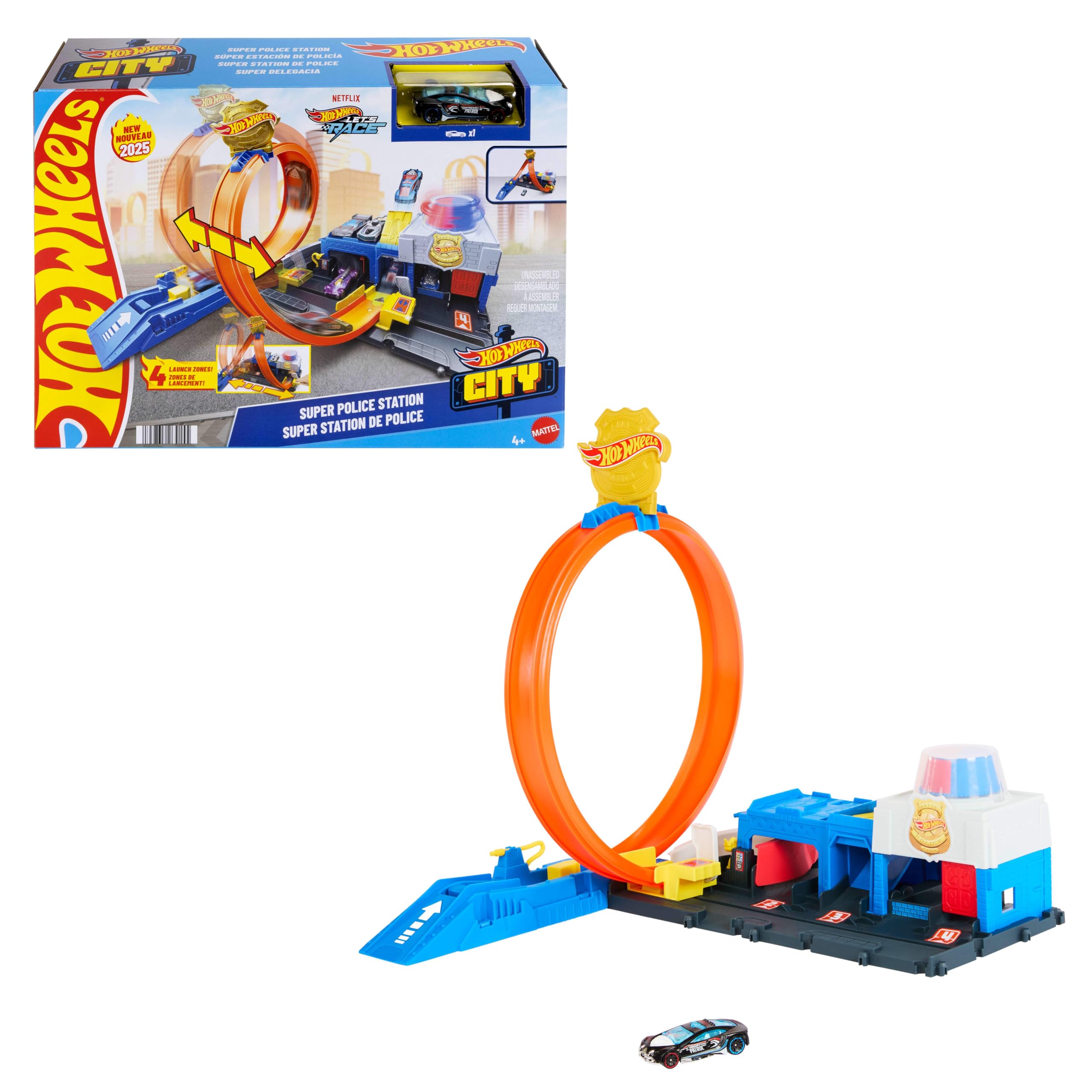 Hot Wheels Spielzeugauto Streckenset, Super Polizeiwache-Spielset mit Die-Cast-Fahrzeug im Maßstab 1:64 und anpassbaren Loopings für unterschiedliche Renn- und Stuntmöglichkeiten, JBM71