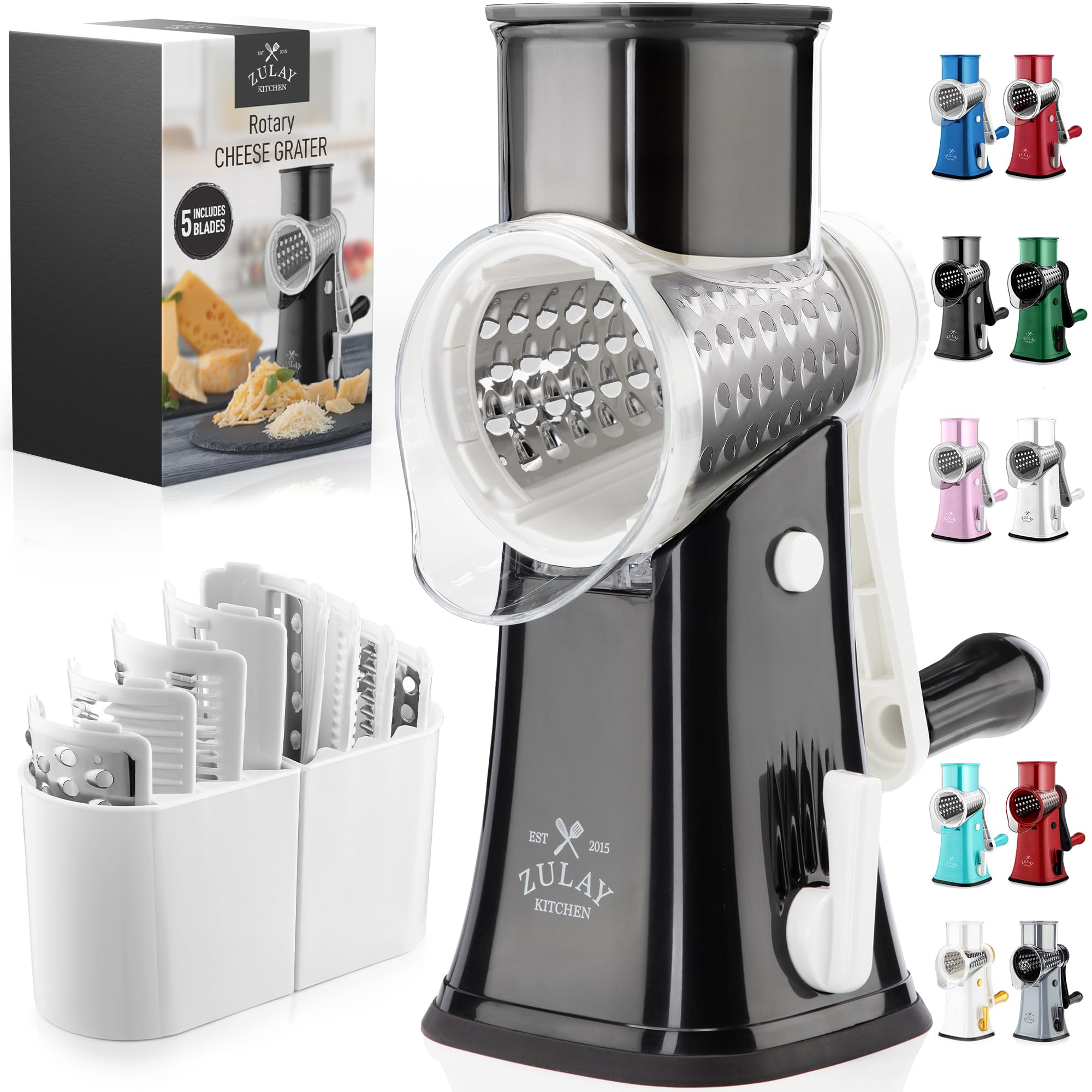 Rotary Cheese Grater Manual Hand Crank 5 Blade Shredder, White &amp; Black