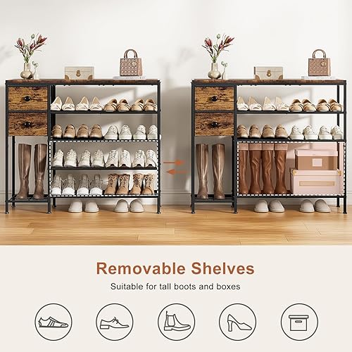 Miniatura 5 de Zapatero de 5 niveles con 2 cajones de tela, marco de metal y tablero de madera organizador de zapatos para 16-20 pares de zapatos, estante de