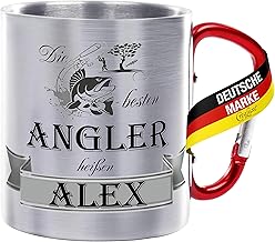 Crealuxe Stainless Steel Mug with Carabiner – Die Besten Angler heißen Wunschschname – 330 ml Mug Personalised with Engraving, Coffee Cup, Office Cup, Metal Cup with Name, Fishing Accessories