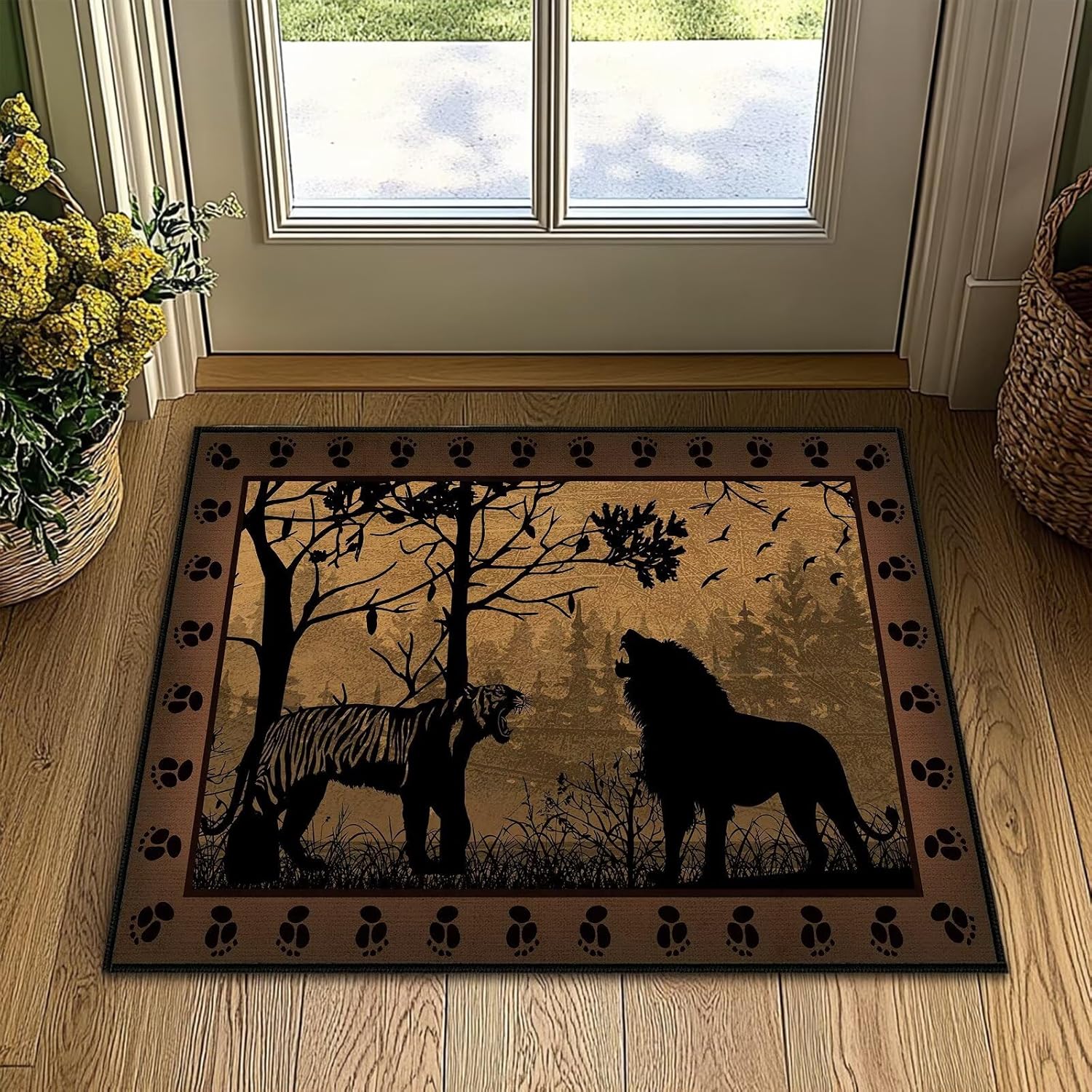 Cabin Rustic Area Rug 3x5 Vintage Rugs for Bedroom,Tiger Country Wildlife,Ultra-Thin Washable Throw Carpet Indoor Door Mat Non Slip Accent Floor Carpets for Bedside,Entryway,Living Room,Office,Brown