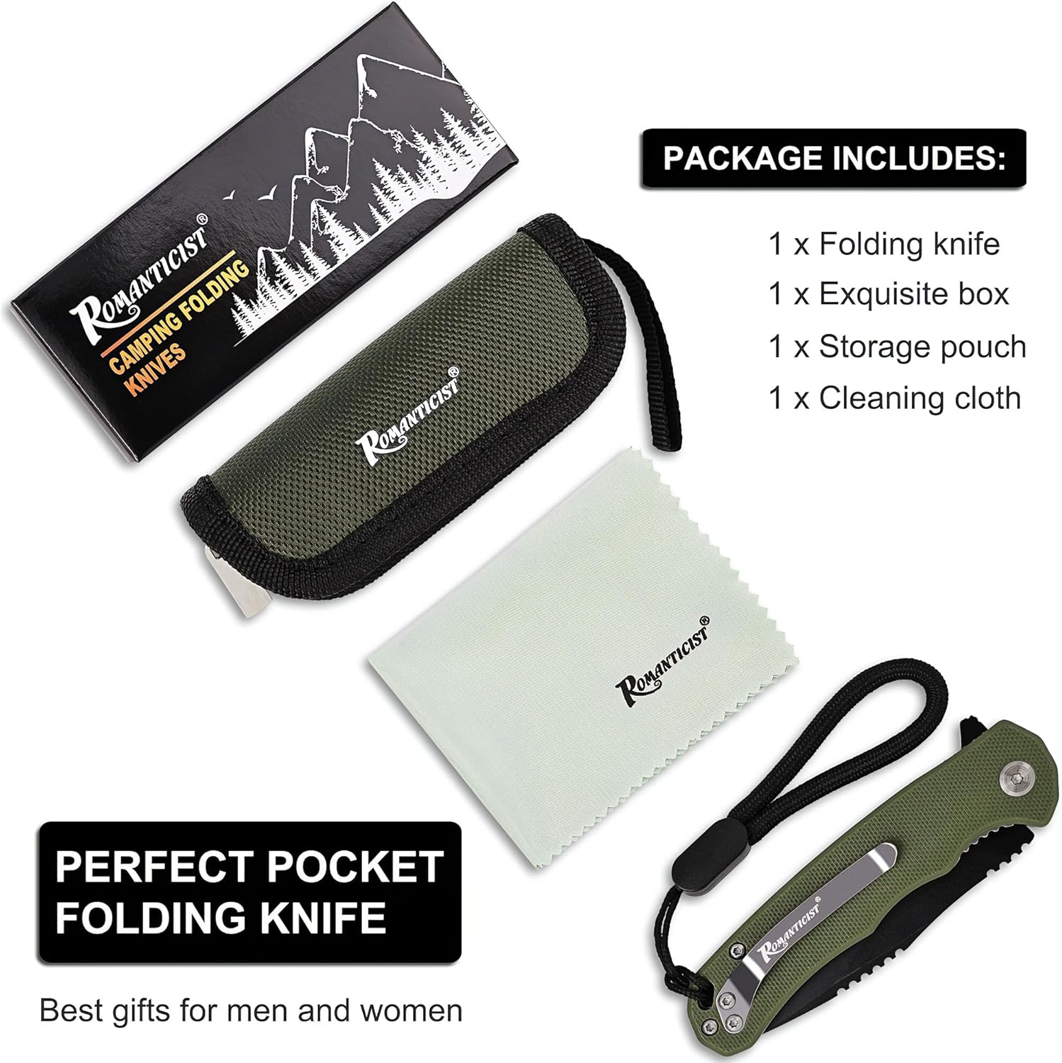 ROMANTICIST Folding Pocket Knife - 3.15" D2 Steel Blade & Non-Slip G10 Handle - Pocket Knife for Camping, Hiking and Outdoor Tasks - EDC Folding Knife with Clip & Lanyard - Unique Gifts for Men Women