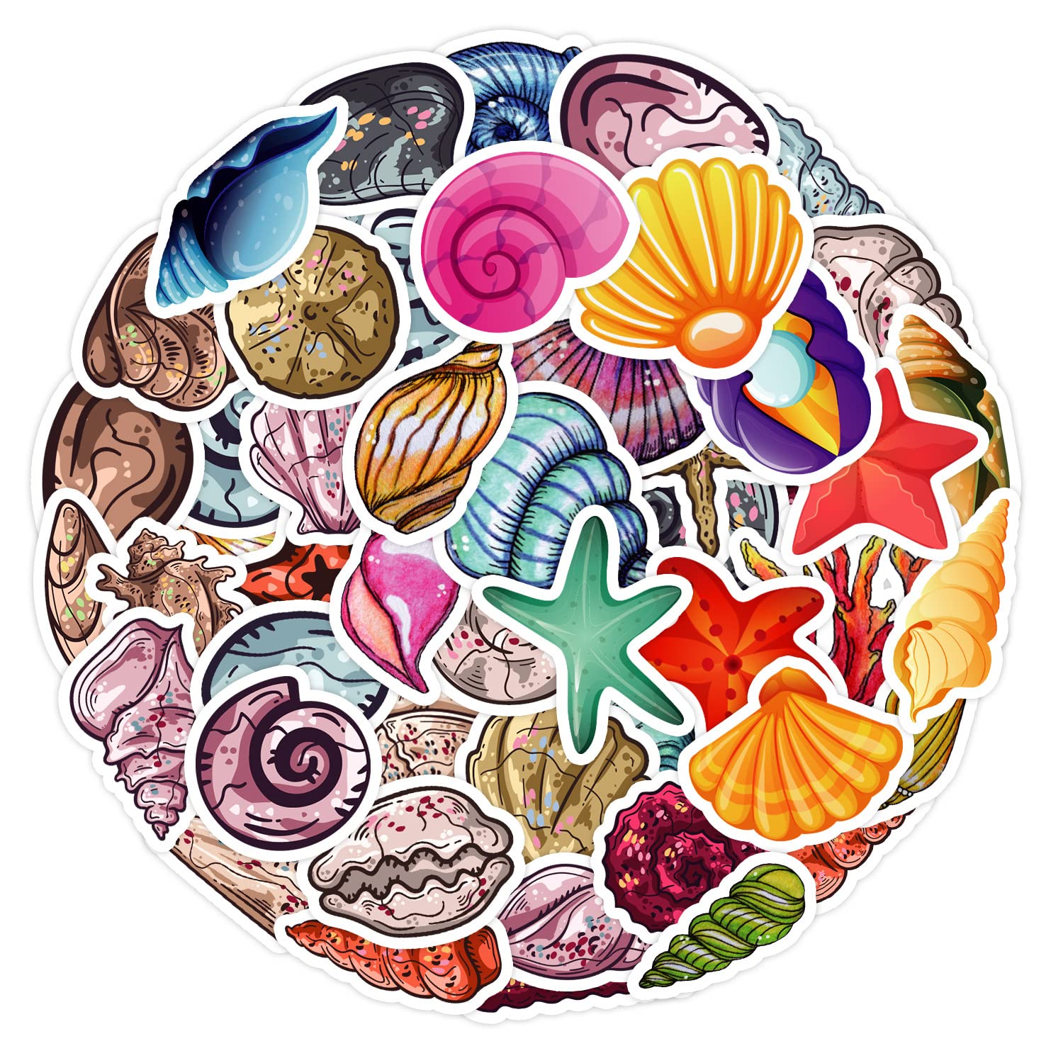 AUCEKO 50 Stück Meeresmuscheln Aufkleber Pack Ocean Shells Sticker Set wasserdichte Vinyl Sticker für Laptop Kinder Autos Motorrad Fahrrad Skateboard Gepäck Koffer Computer Aufkleber Graffiti Decal