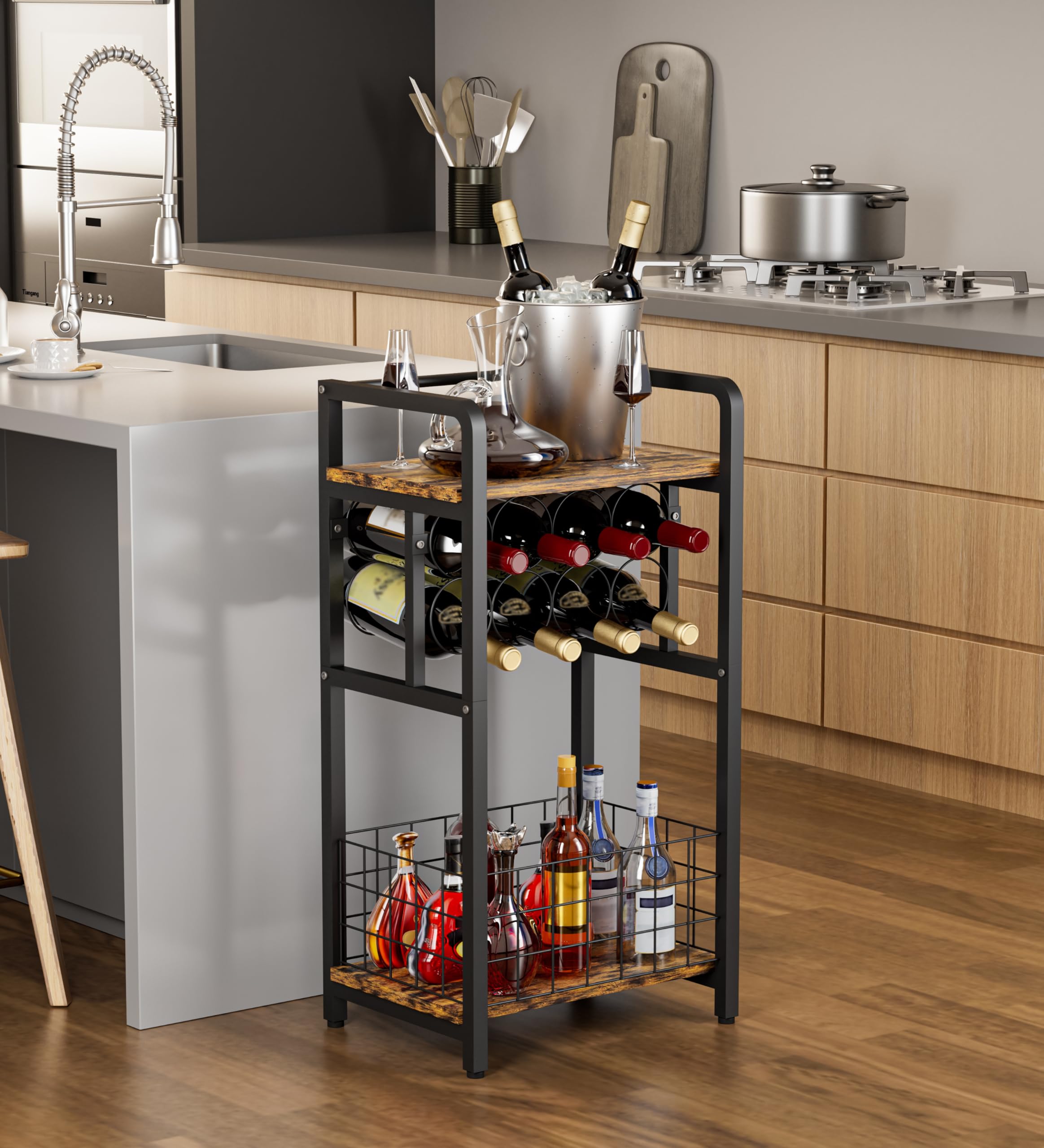 Ansionsol 3-Tier Wine Rack Freestanding Floor with Wood Top, Liquor Stand with Wine Bottle Holder, Corner Mini Bar Table for Small Space, Metal Whiskey Shlef for Kitchen, Cellar, Living Room, Black