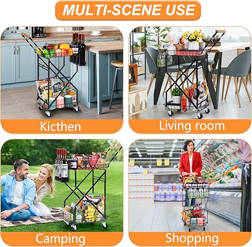 Miniatura 6 de Carritos plegables funcionales multiusos, carrito de compras plegable de 2 niveles con ruedas giratorias de 360  con bloqueo, carrito de comestibles