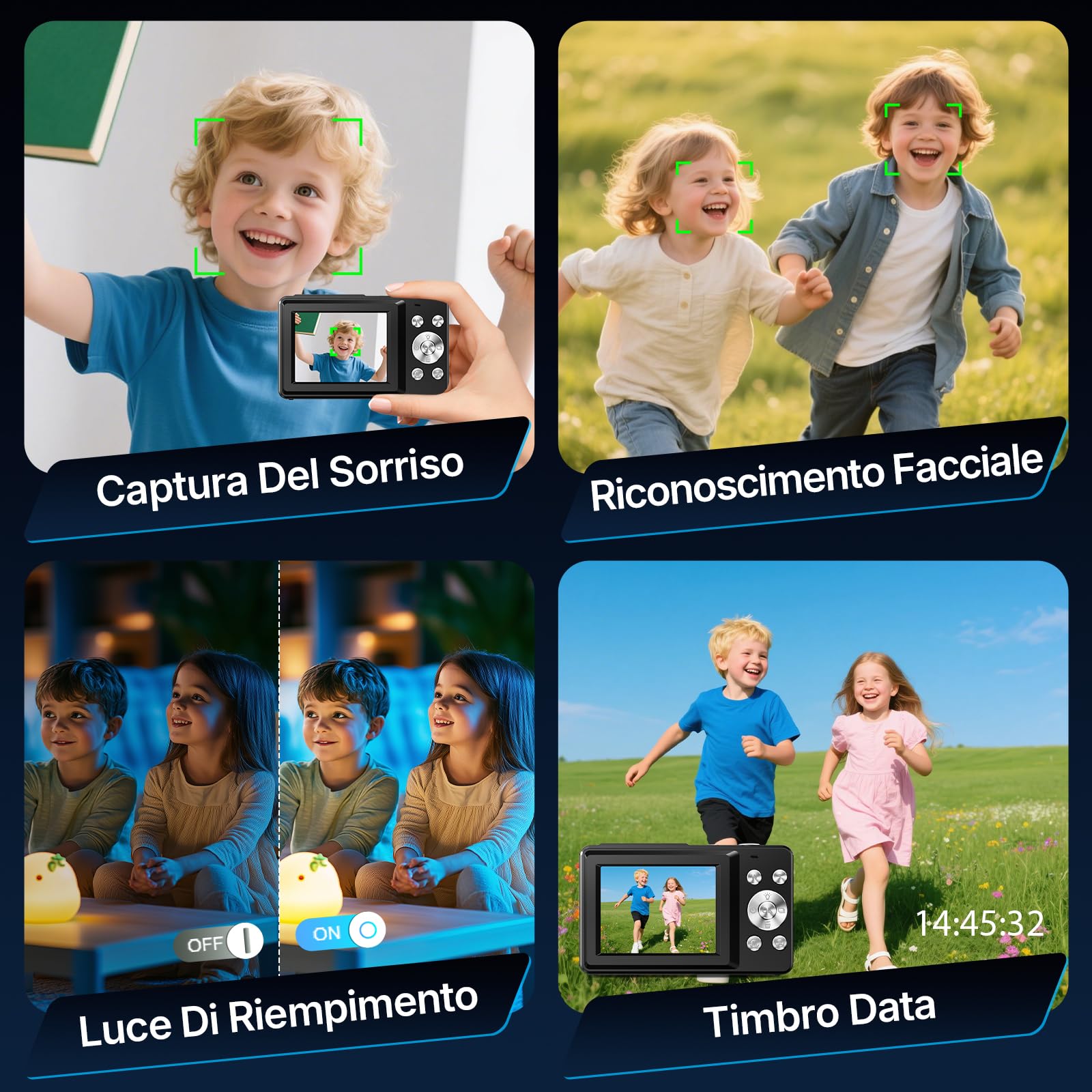 Fotocamera Digitale Macchina Fotografica Digitale Compatta 44MP 1080P con Schermo IPS da 2,4”, Zoom Digitale 16X, Anti-Shake, Scheda da 32GB, 2 Batterie per Adolescenti, Ragazzi e Ragazze Nero