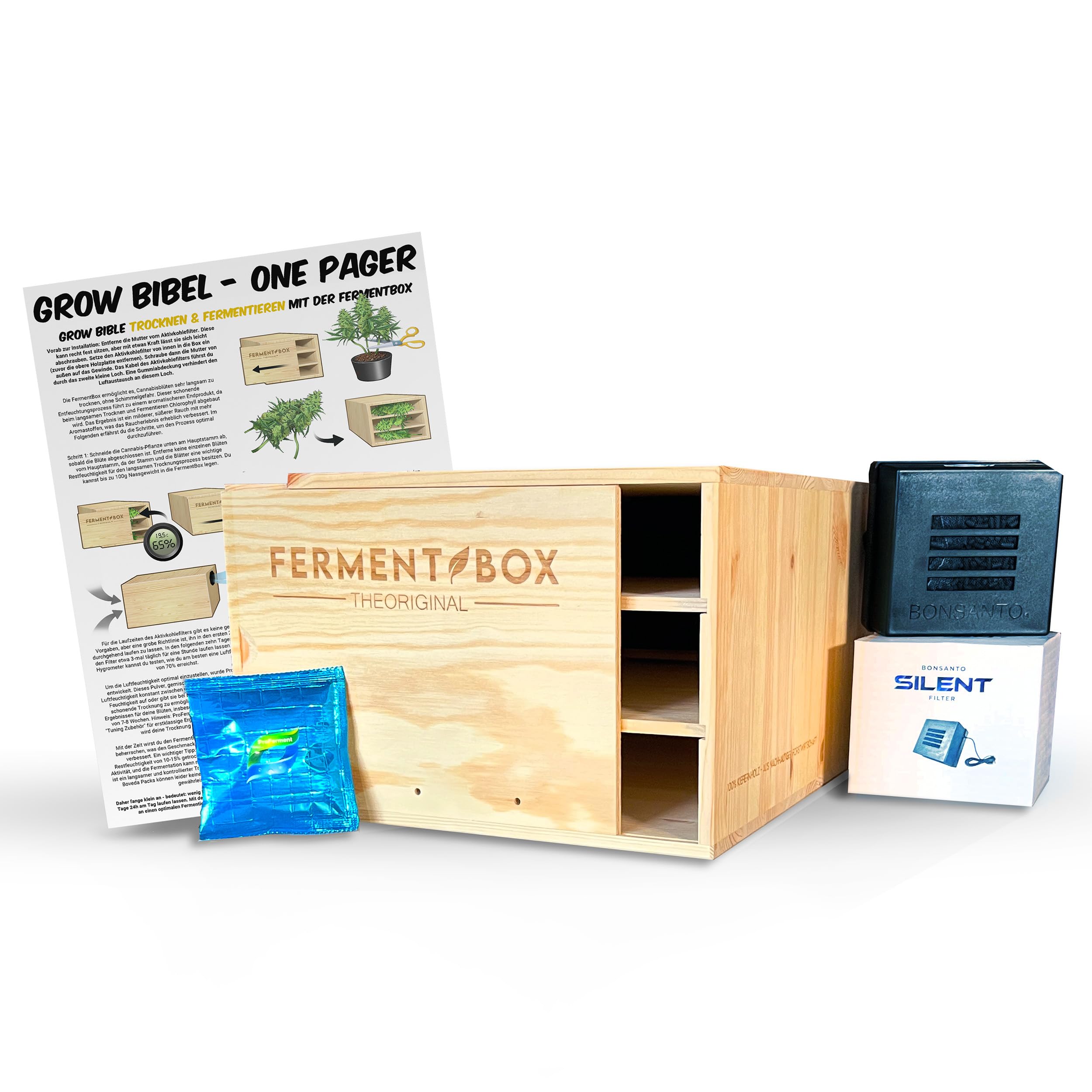 FermentBox® – Komplettset zur Trocknung, Curing & Fermentation mit Aktivkohlefilter für Blüten – Optimale Luftzirkulation & Feuchtigkeitsregulierung – 100% Kiefernholz – 200g Kapazität, geruchsfrei