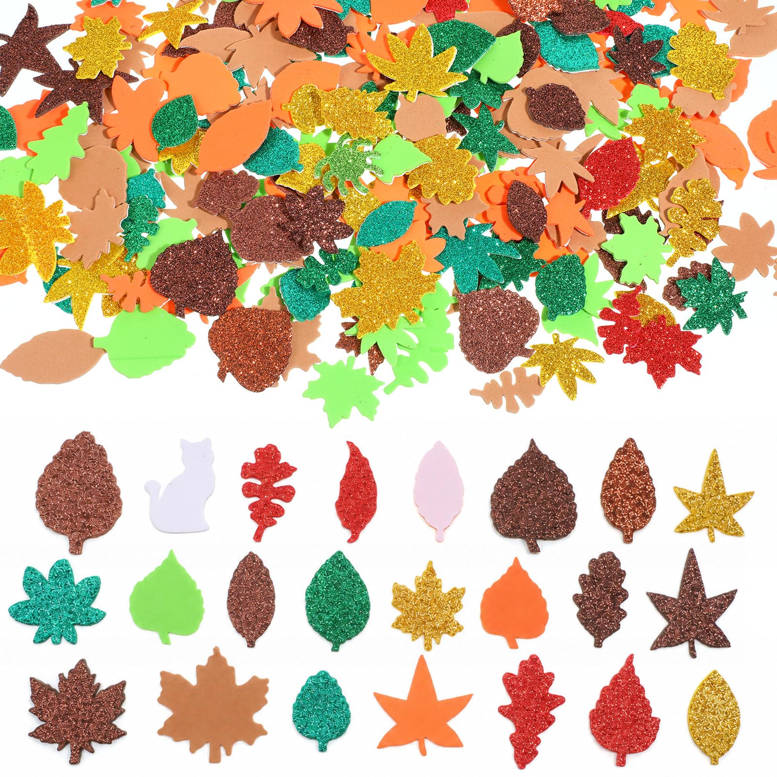 Fall Leaf Foam Stickers, 300Pcs Autumn Glitter Maple Leaves