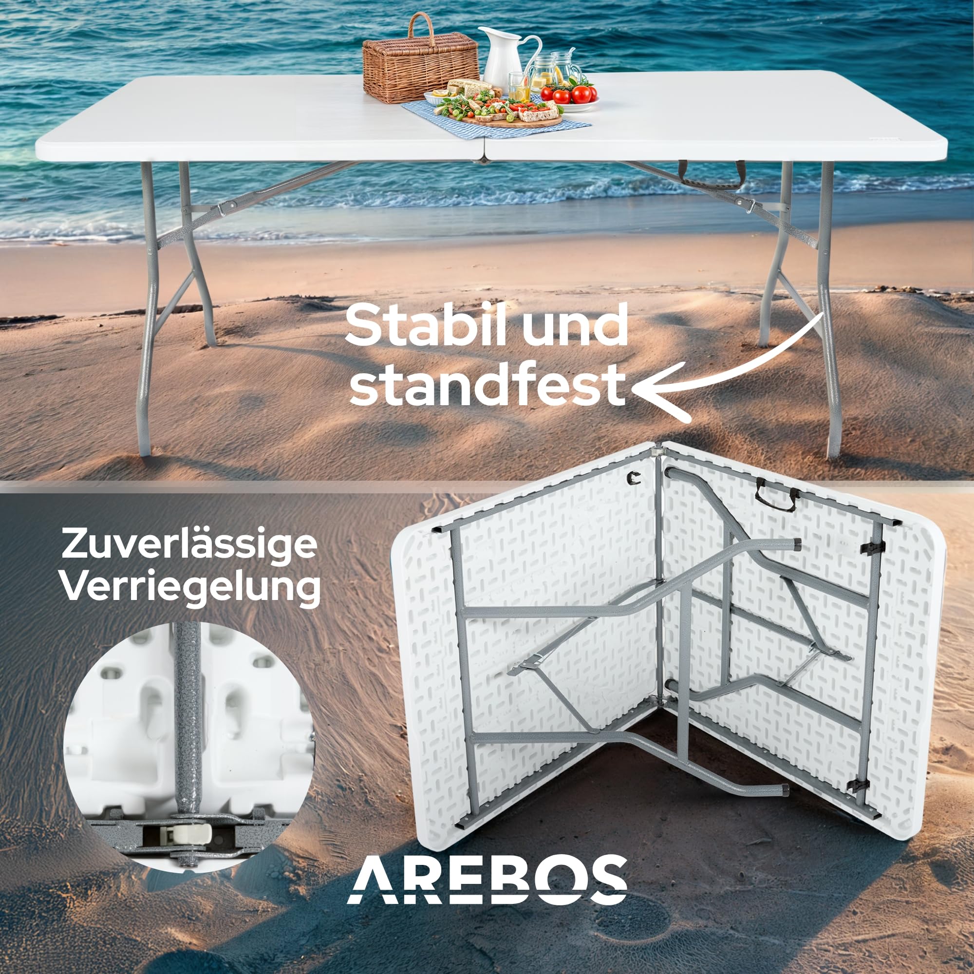 Arebos Buffettisch zusammenklappbar 182 x 74 x 74 cm Wetterfest Gartentisch Partytisch Klapptisch für Garten Terrasse und Balkon | 8 Personen | Campingtisch mit Tragegriff | Weiß