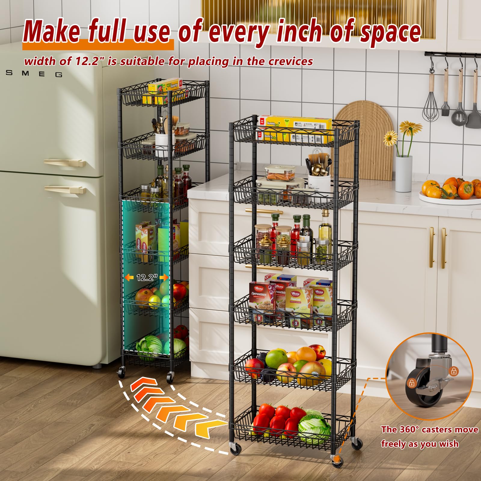 Golpart Korbregal mit 6 Etagen, Drahtregal, verstellbare Aufbewahrungsregale, großer Korb, Regal für Garage, Küche, Büro, Speisekammer, Ecke, 43,7 cm T x 12,2 cm B x 63 cm H, Schwarz