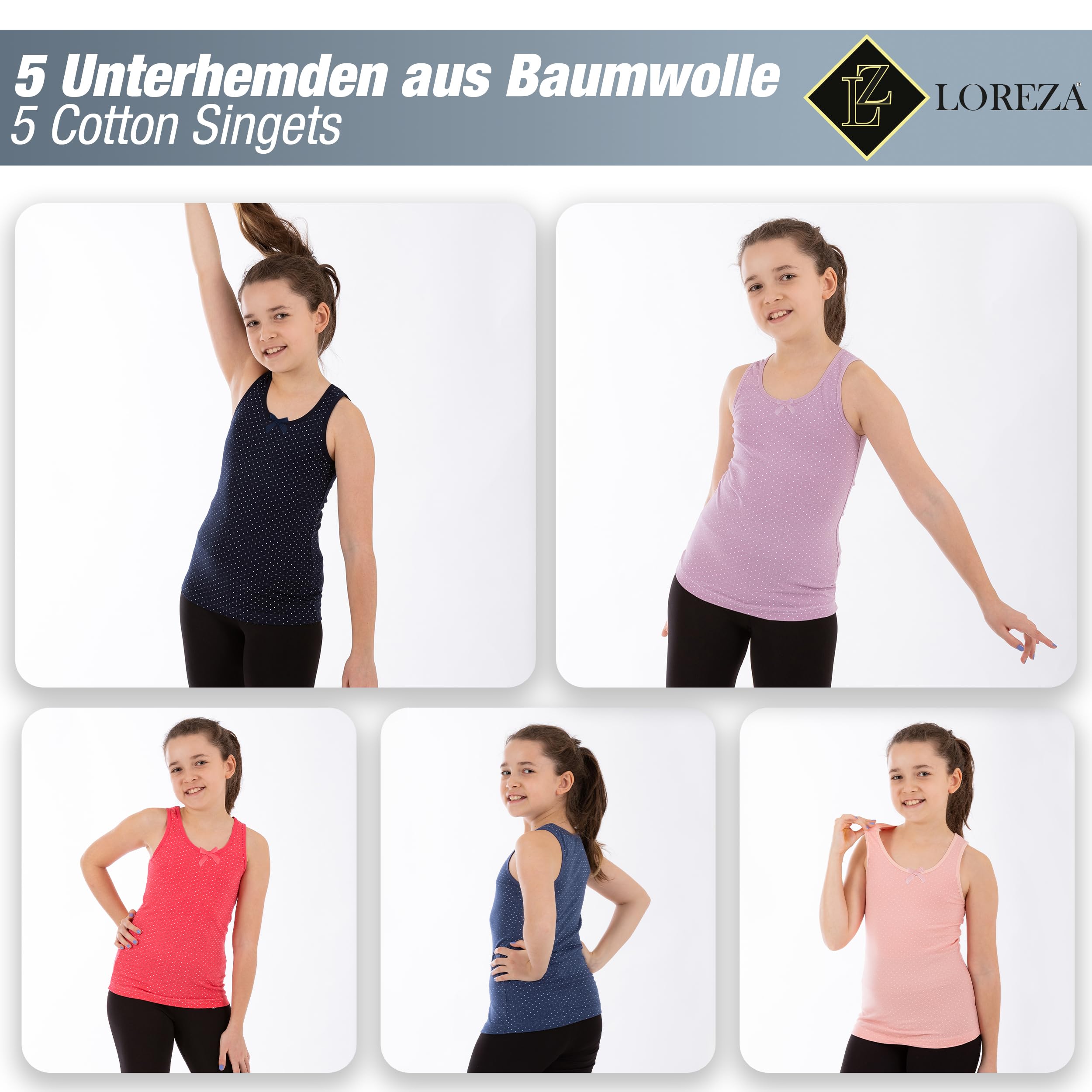 LOREZA ® 5 Camisetas de Tirantes Interiores para Niña Ropa Interior 2-15 años