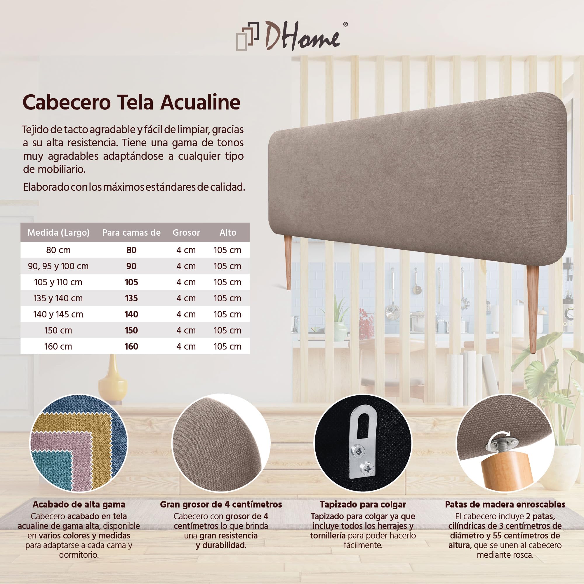 DHOME Testiera Imbottita Liscia Arrotondata in Tessuto Aqualine con Gambe per Parete Acustica Testate Letto Fonoassorbenti Camera da Letto (Terra, 160cm)