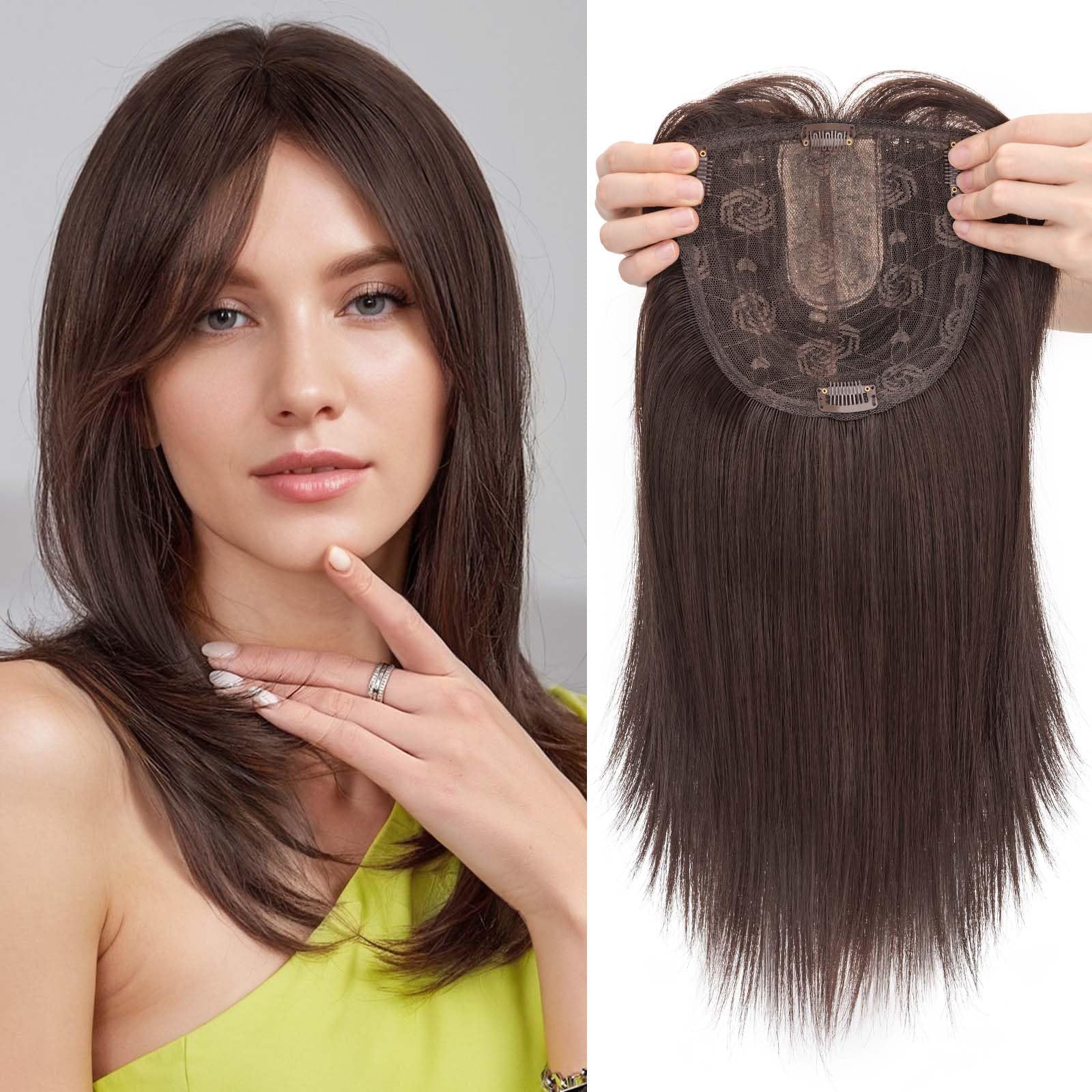 S-noilite 14inch Hair Toppers for Women with Bang Long Straight Clip in HairPieces for Women with Thinning Hair Add Volume Dark Brown