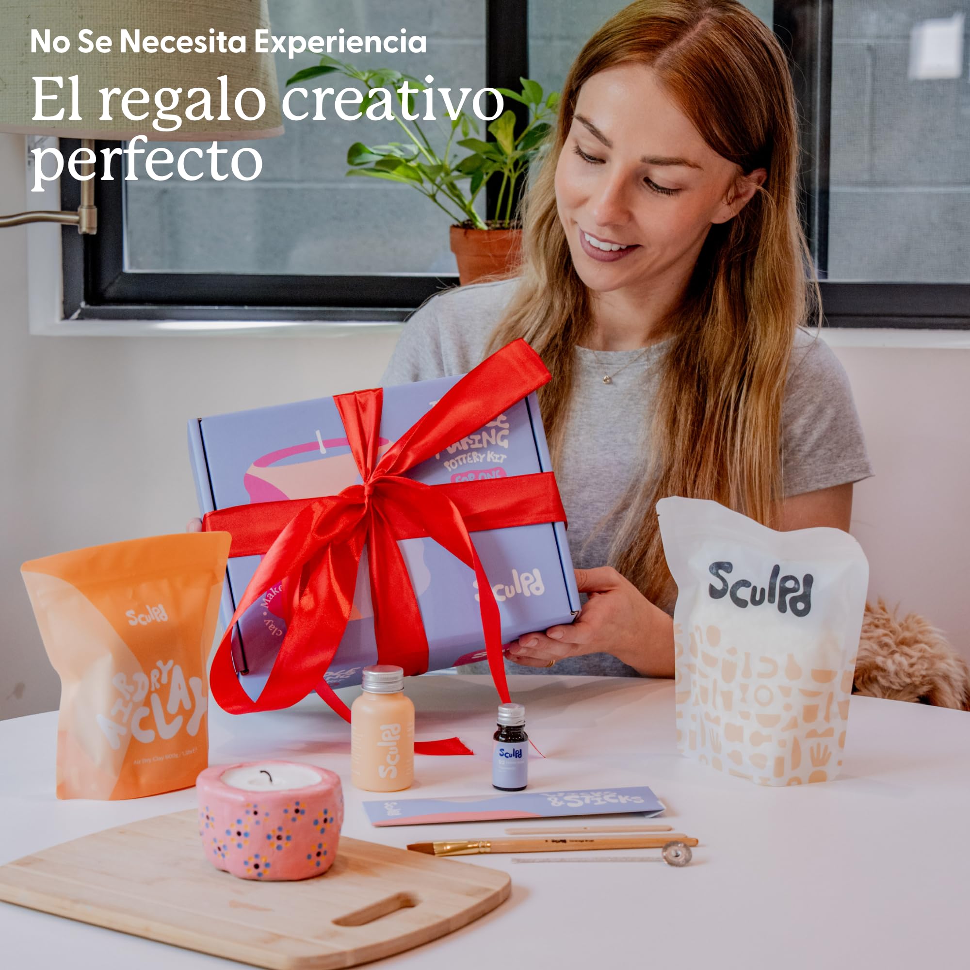 Sculpd Kit de alfarería para principiantes (2 adultos) para hacer velas con arcilla secada al aire, con cera de soja ecológica, aceite aromático, barniz, herramientas y guía (español no garantizado)