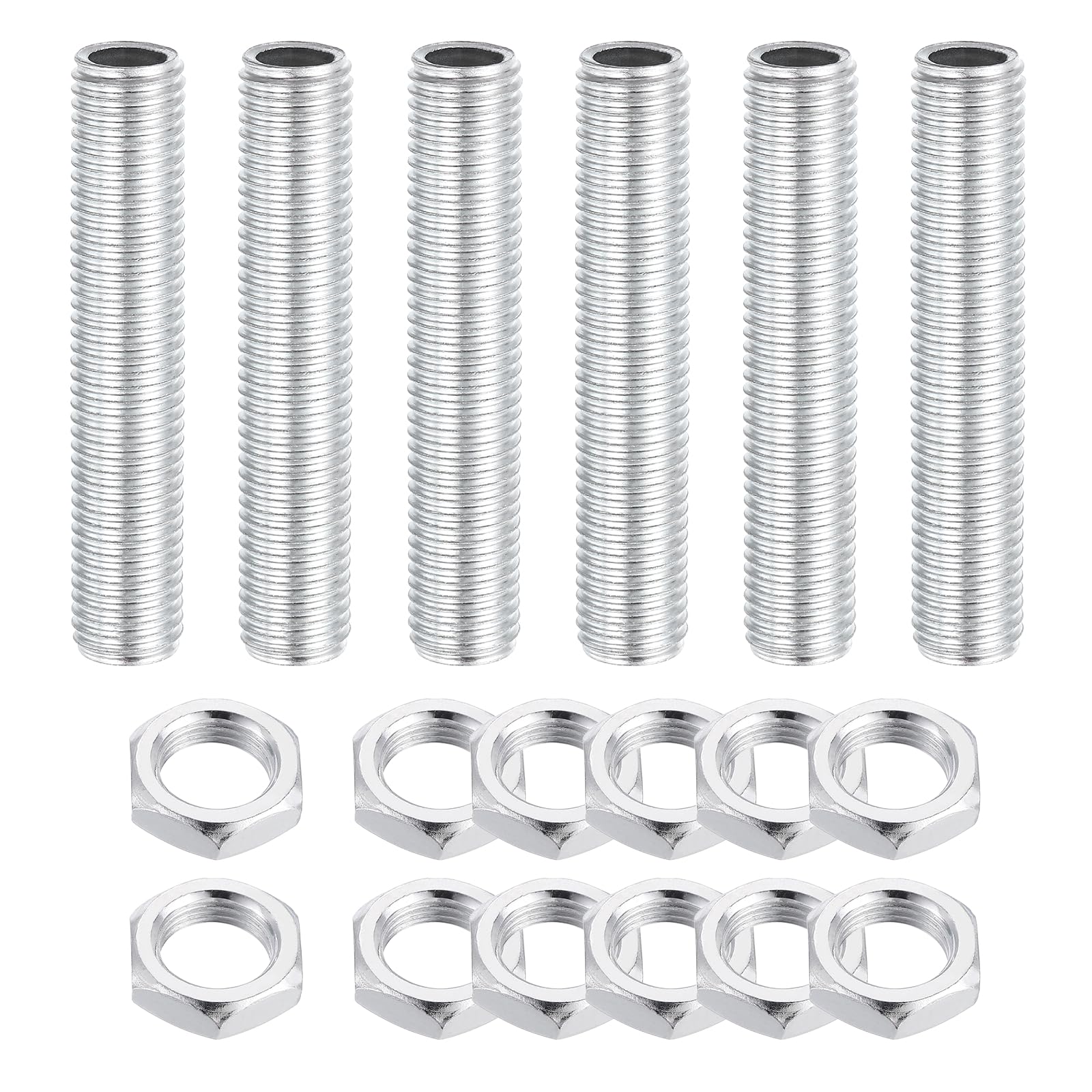 sourcing map 6Pcs 60mm Lamp Pipe Nipples Kit with Lock Nuts, M12x1.5 Fine All Threaded Hollow Tube Lamp Repair Hardware Fasteners for Chandelier Ceiling Lamps Assembly DIY, White Zinc — image 1