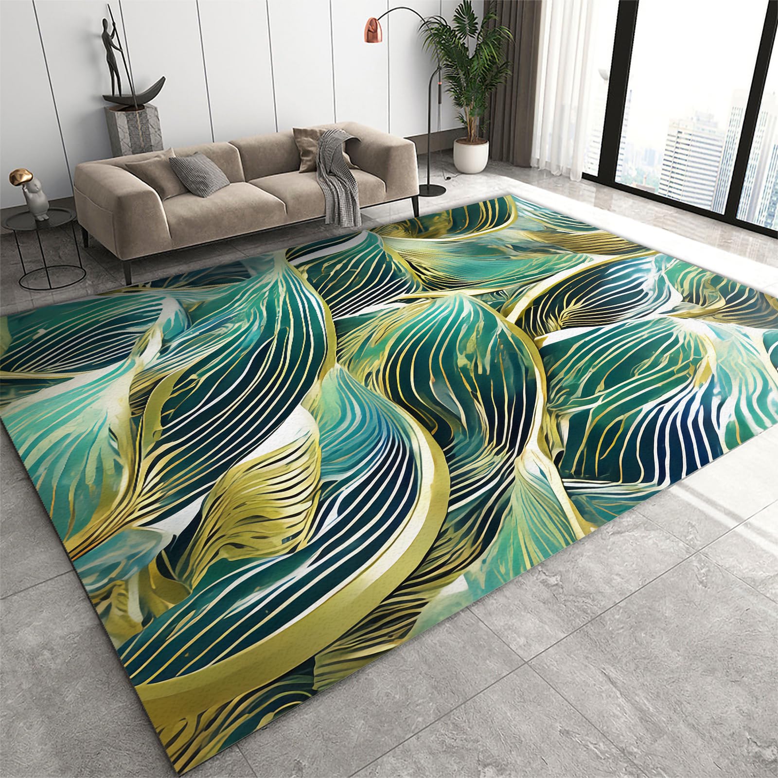 Abstract Watercolor Leaf Area Rugs, Fashion Art Washable Rug, Entrance Carpets Soft With Non-Slip Backing for Bedroom Living Room Dining Room Laundry Room Under Kitchen Table Playroom-60 x 110 cm