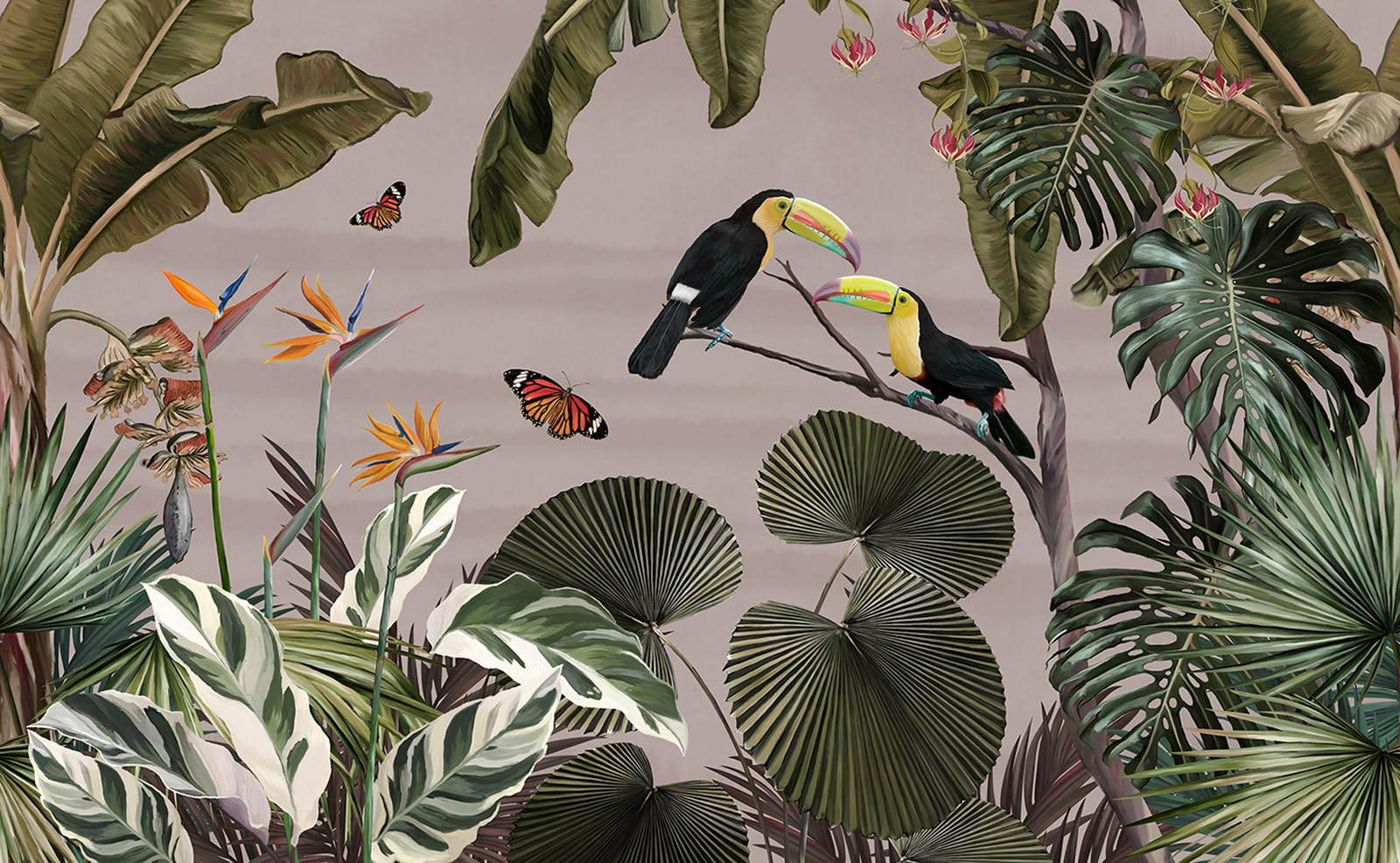 Papier peint panoramique Forêt Tropicale Toucans, décoration murale XXL chambre et bureau