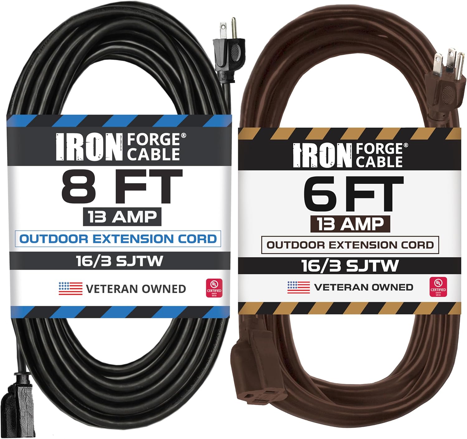 Iron Forge Cable (2 Pack) Black Outdoor Extension Cord 8 ft with Brown Outdoor Extension Cord 6 ft, 16 AWG 3 Prong Exterior Electrical Cable 13 Amp, SJTW Weatherproof for Landscaping, Patio & Lawn