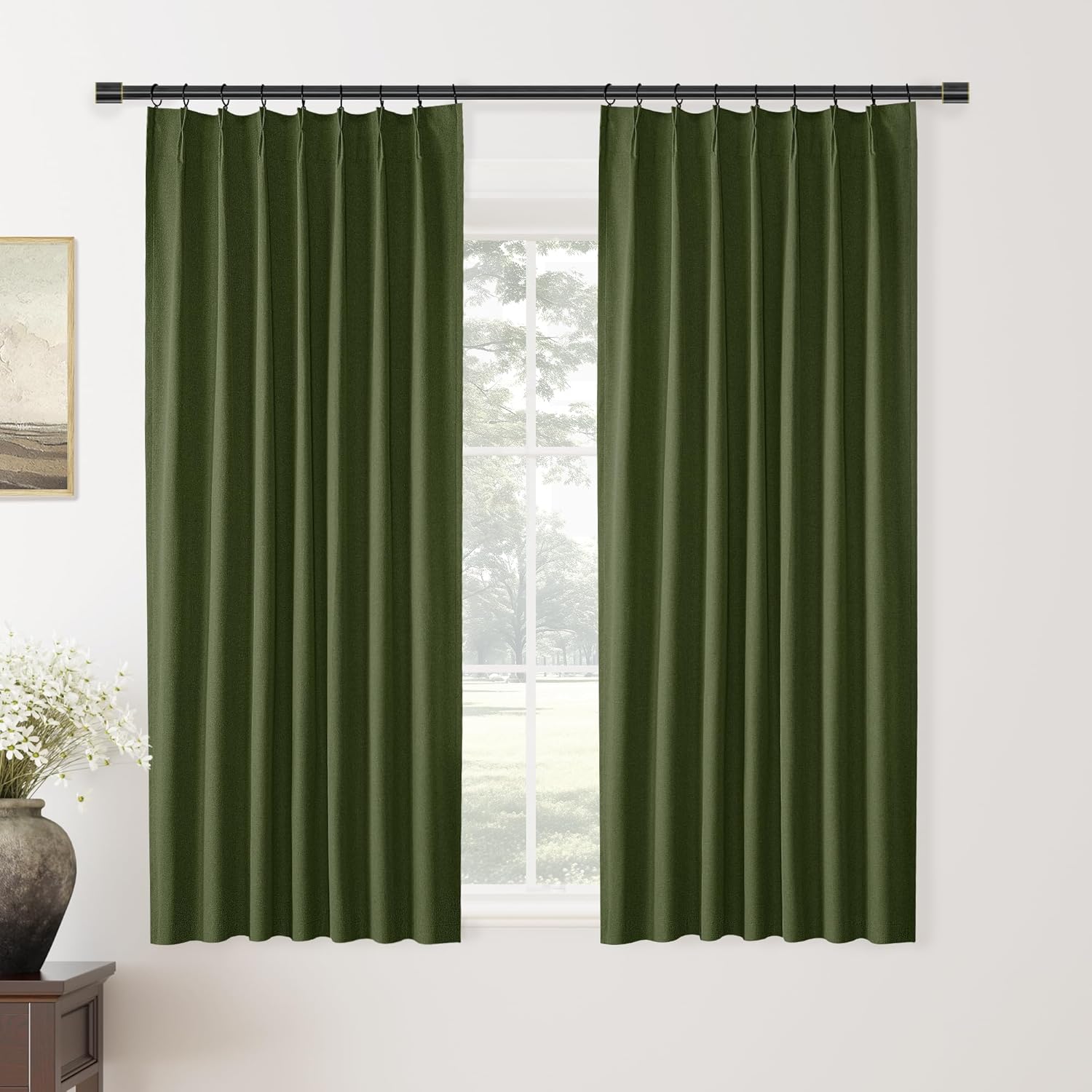 ChrisDowa Olive Pinch Pleated Blackout Linen Curtains 63 inches Long 2 Panels for Living Room Bedroom Farmhouse Room darking Thermal Insulated Back Tab Hooks Rings Window Treatment Drapes,40x63 40"W x 63"L (Pack of 2) Olive